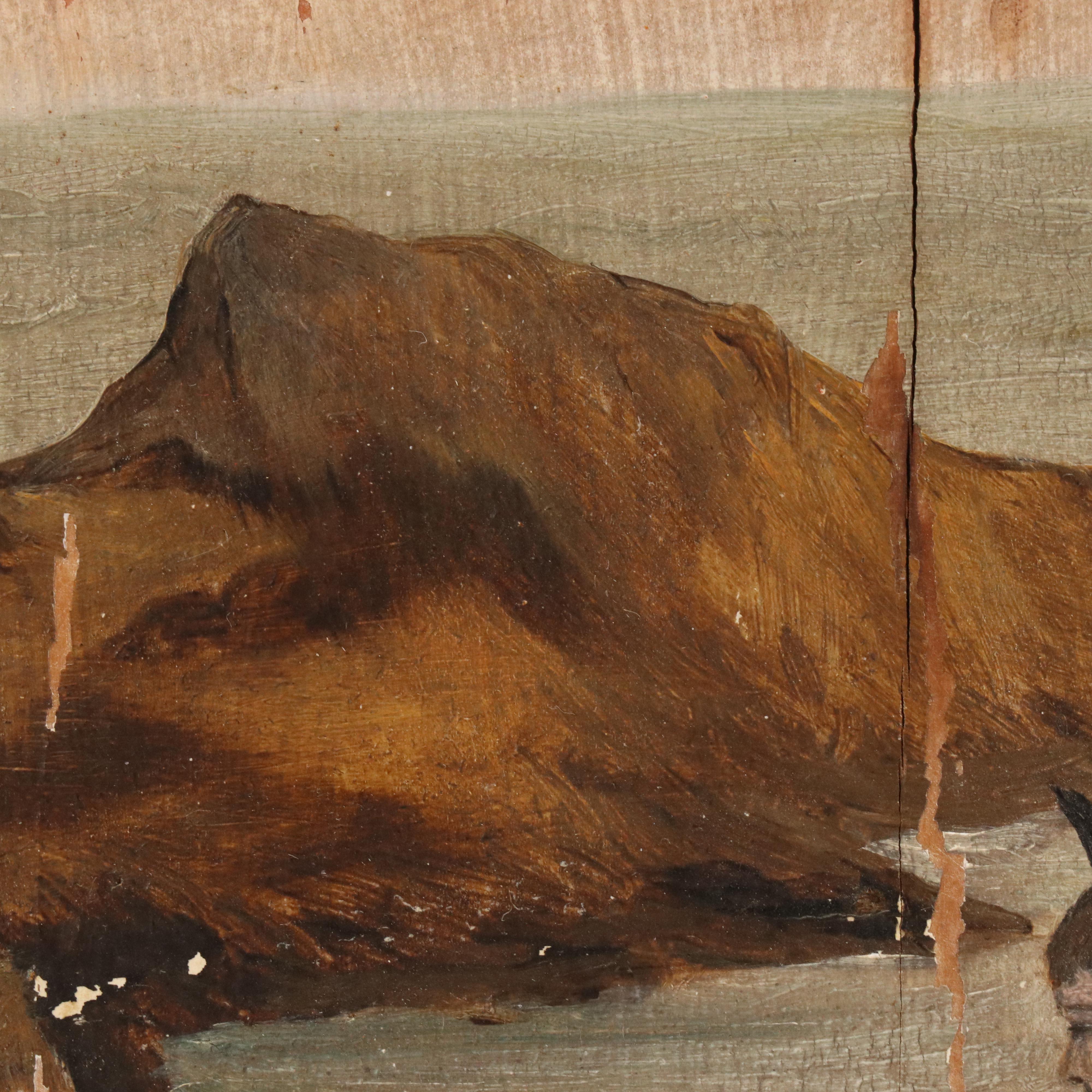 Coastal Folk Art Oil Scene of Children and Stylized Lithograph, Mid-20th Century