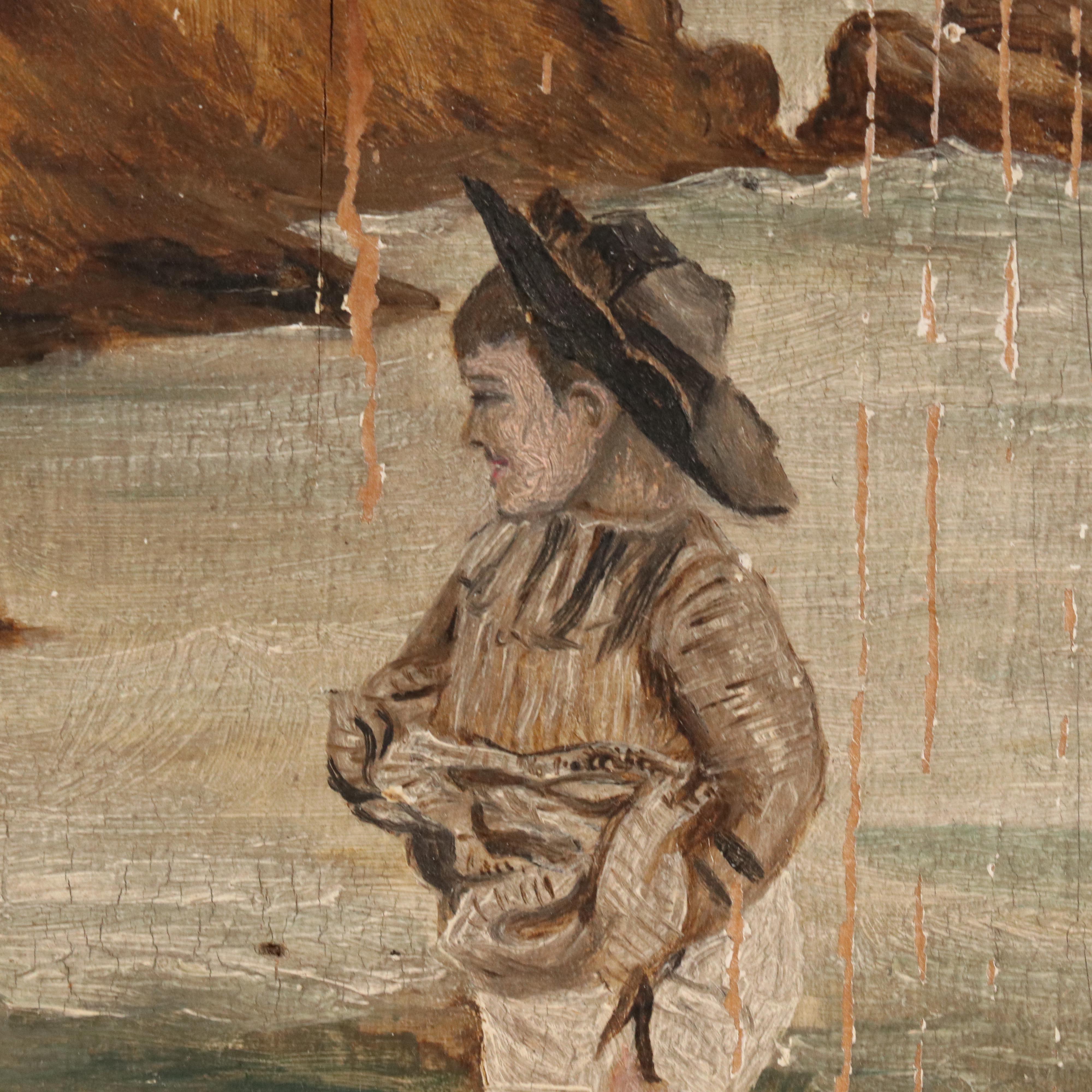 Coastal Folk Art Oil Scene of Children and Stylized Lithograph, Mid-20th Century