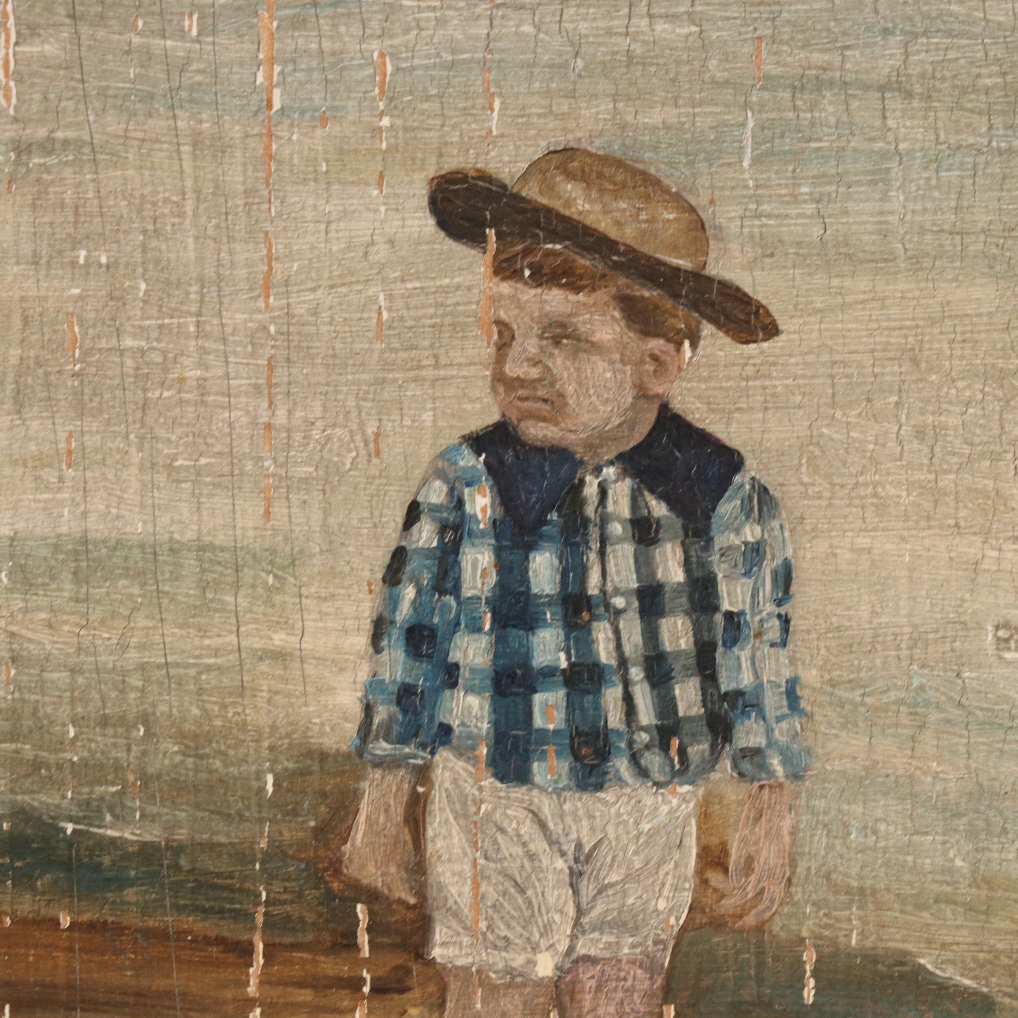 Coastal Folk Art Oil Scene of Children and Stylized Lithograph, Mid-20th Century