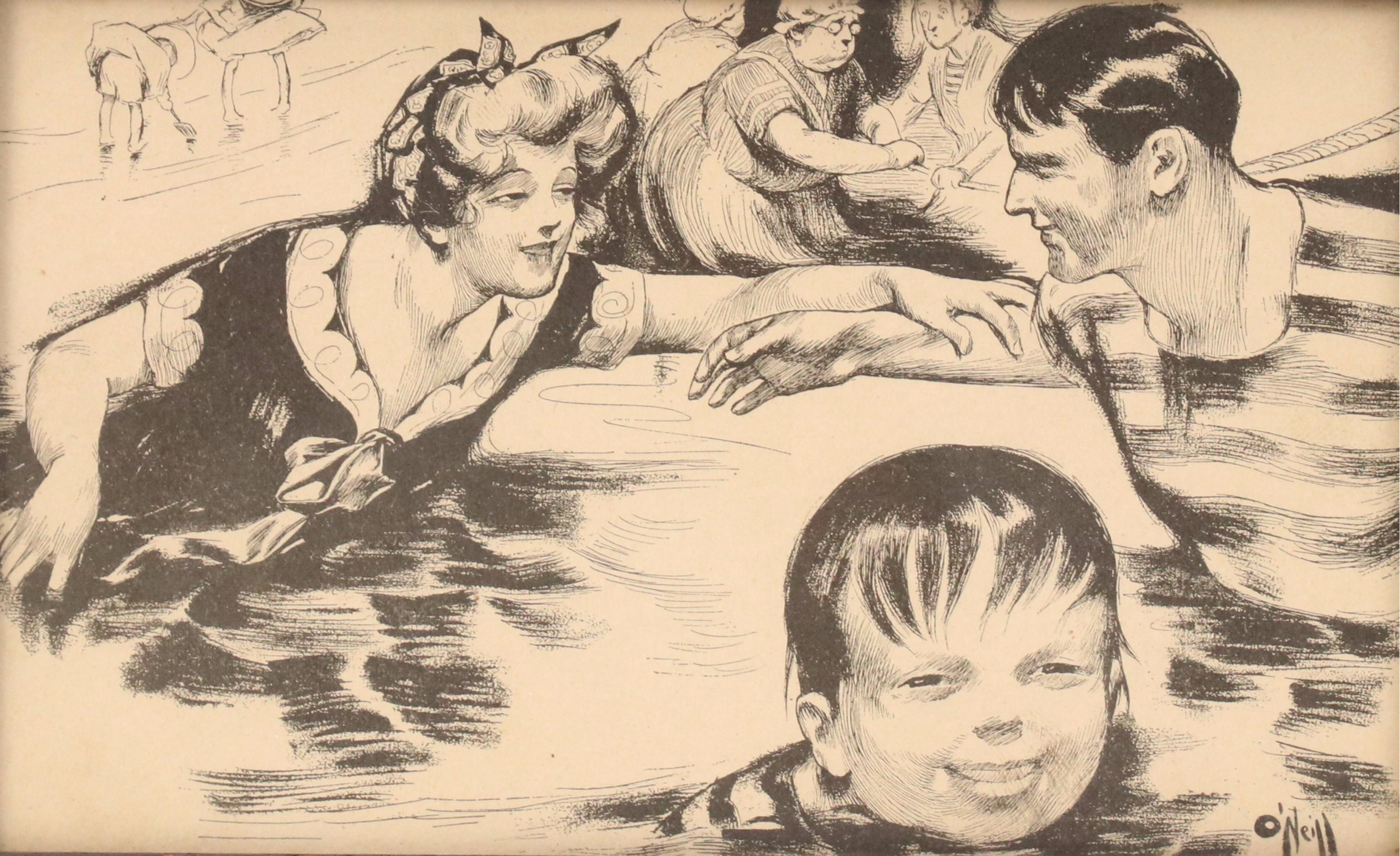 Coastal Folk Art Oil Scene of Children and Stylized Lithograph, Mid-20th Century