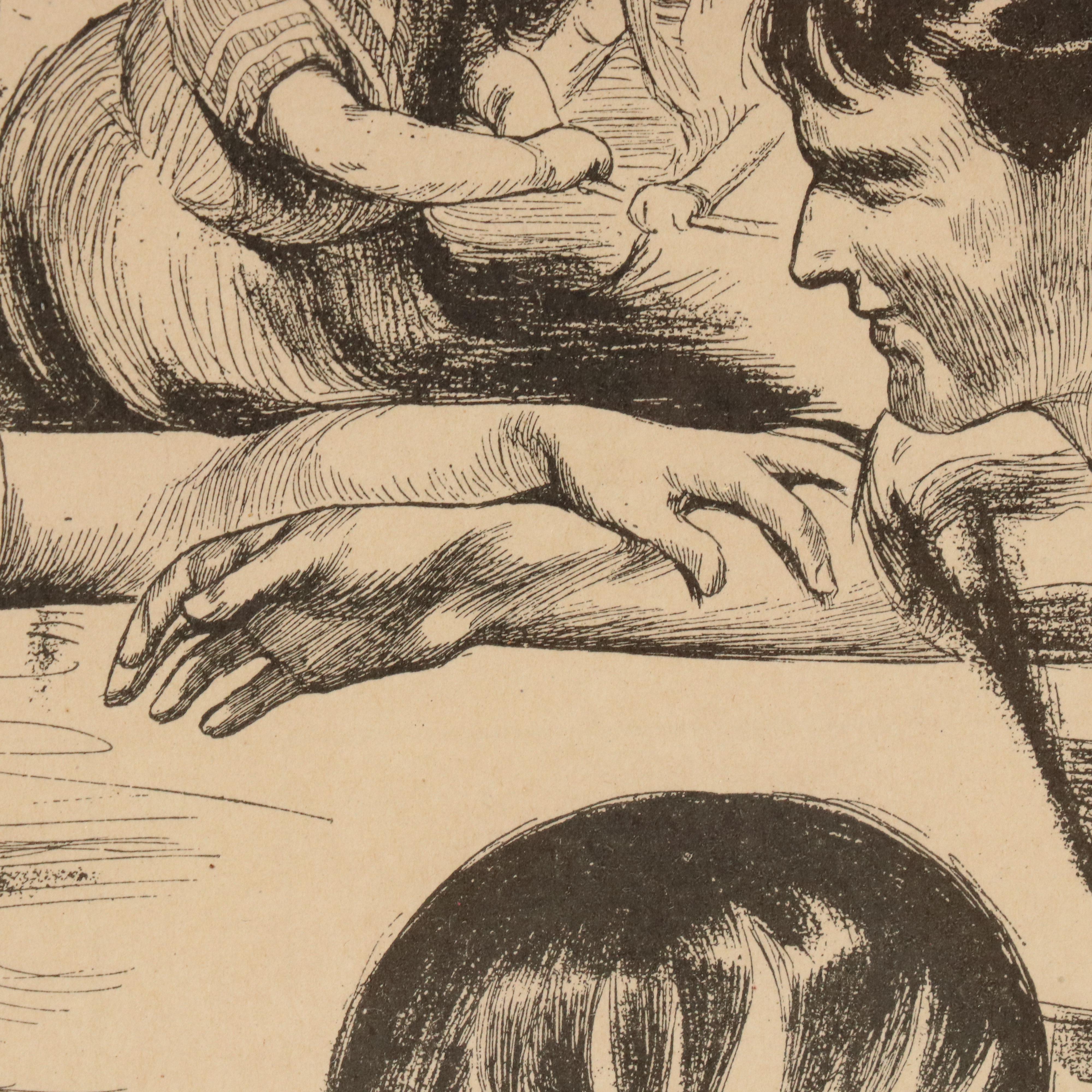 Coastal Folk Art Oil Scene of Children and Stylized Lithograph, Mid-20th Century