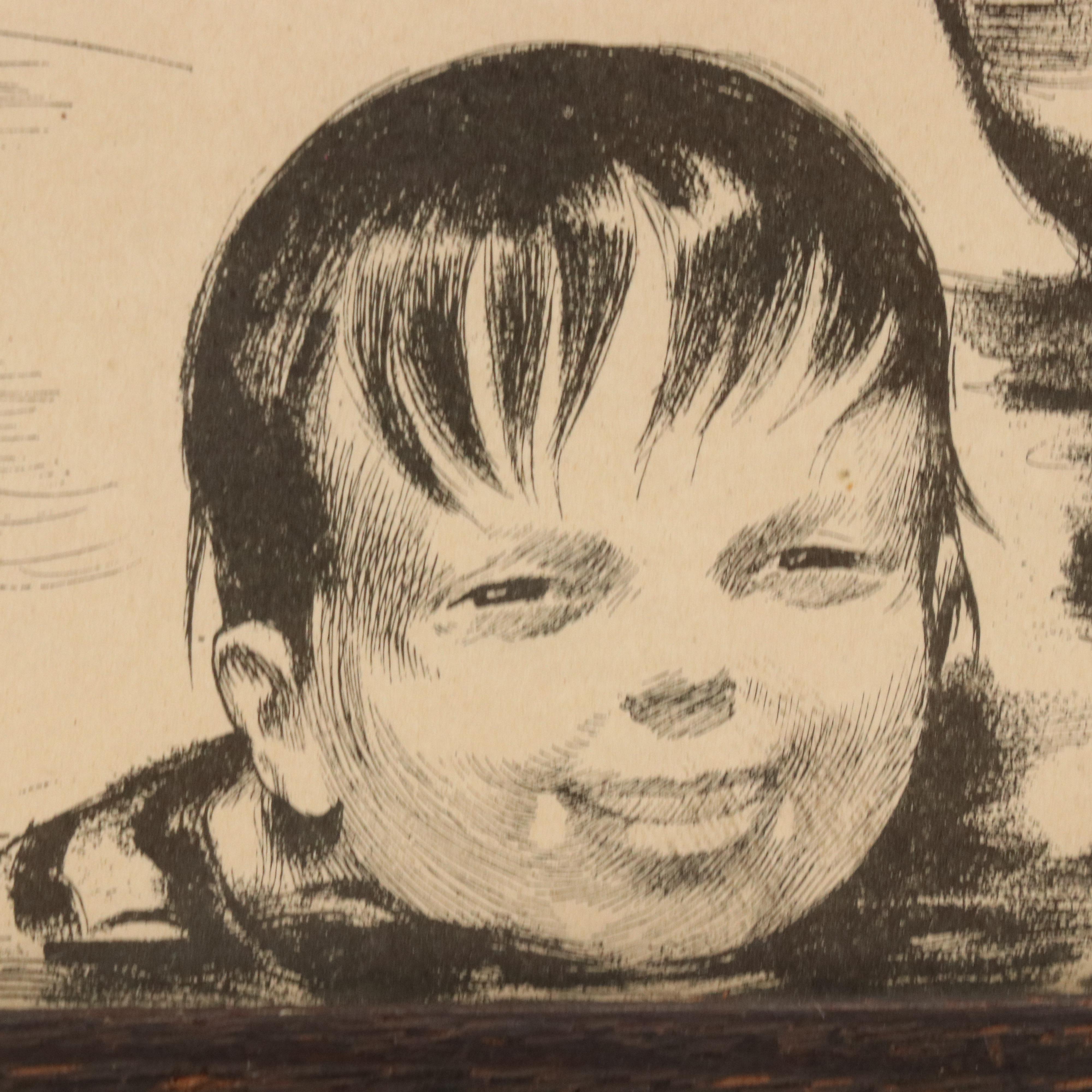 Coastal Folk Art Oil Scene of Children and Stylized Lithograph, Mid-20th Century