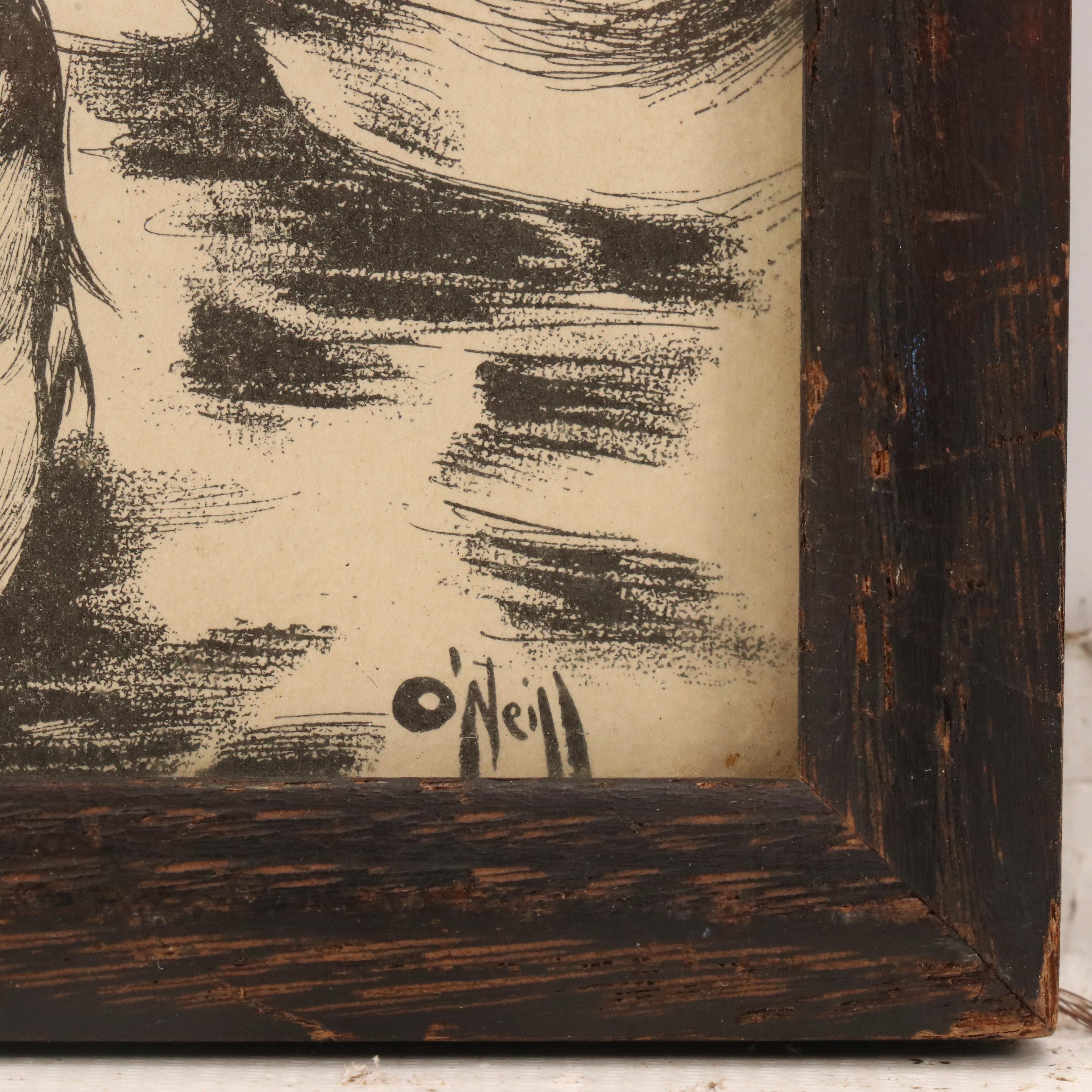 Coastal Folk Art Oil Scene of Children and Stylized Lithograph, Mid-20th Century