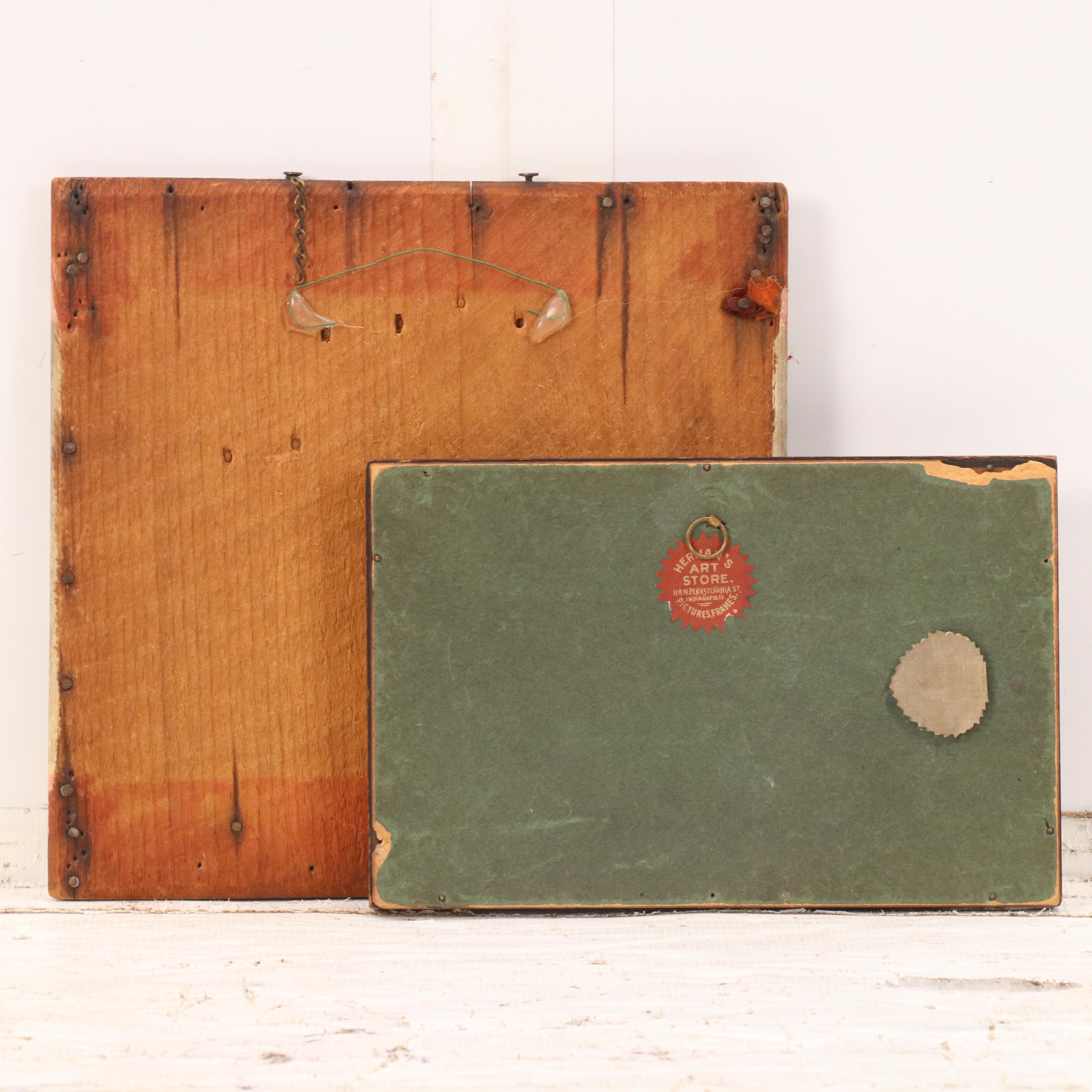 Coastal Folk Art Oil Scene of Children and Stylized Lithograph, Mid-20th Century