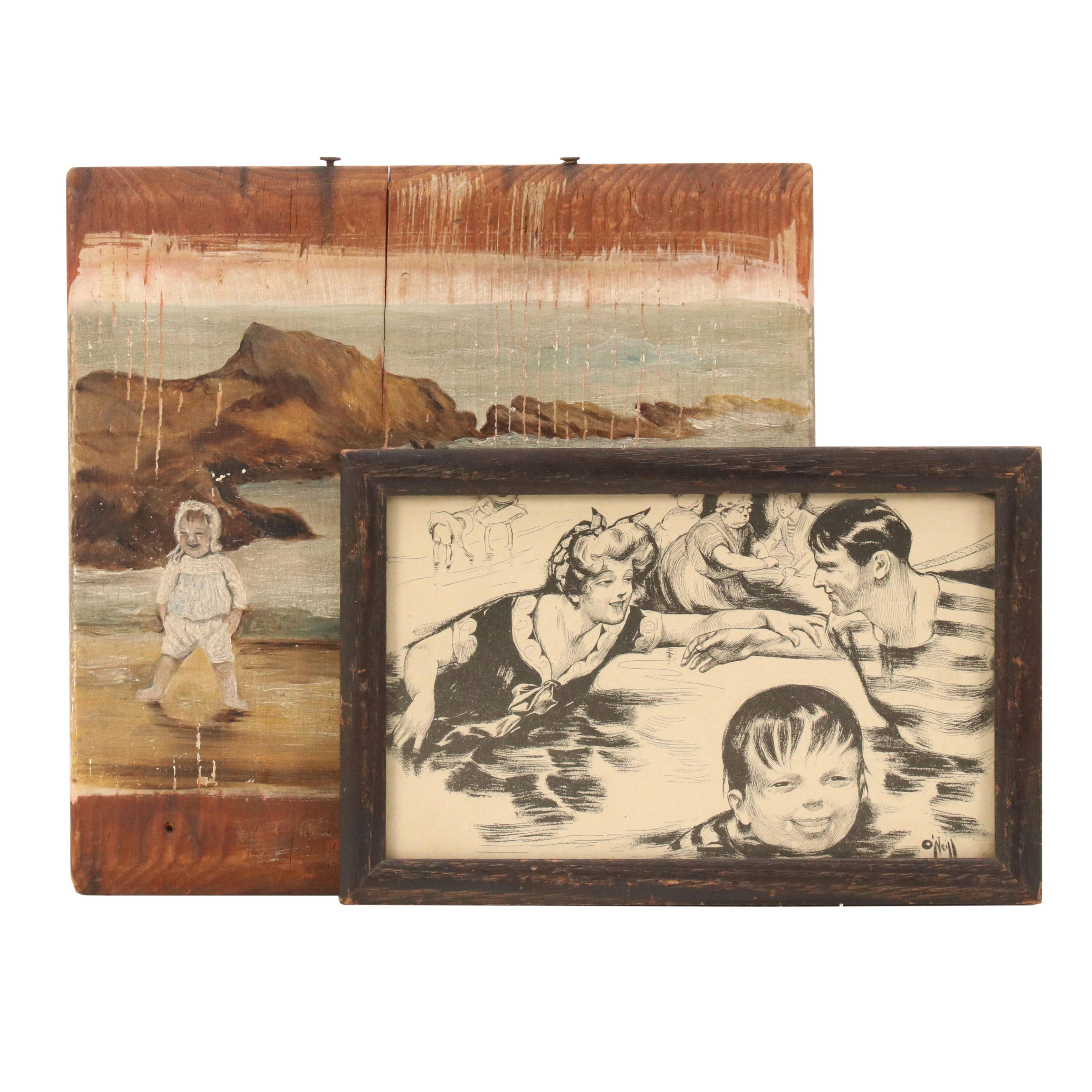 Coastal Folk Art Oil Scene of Children and Stylized Lithograph, Mid-20th Century