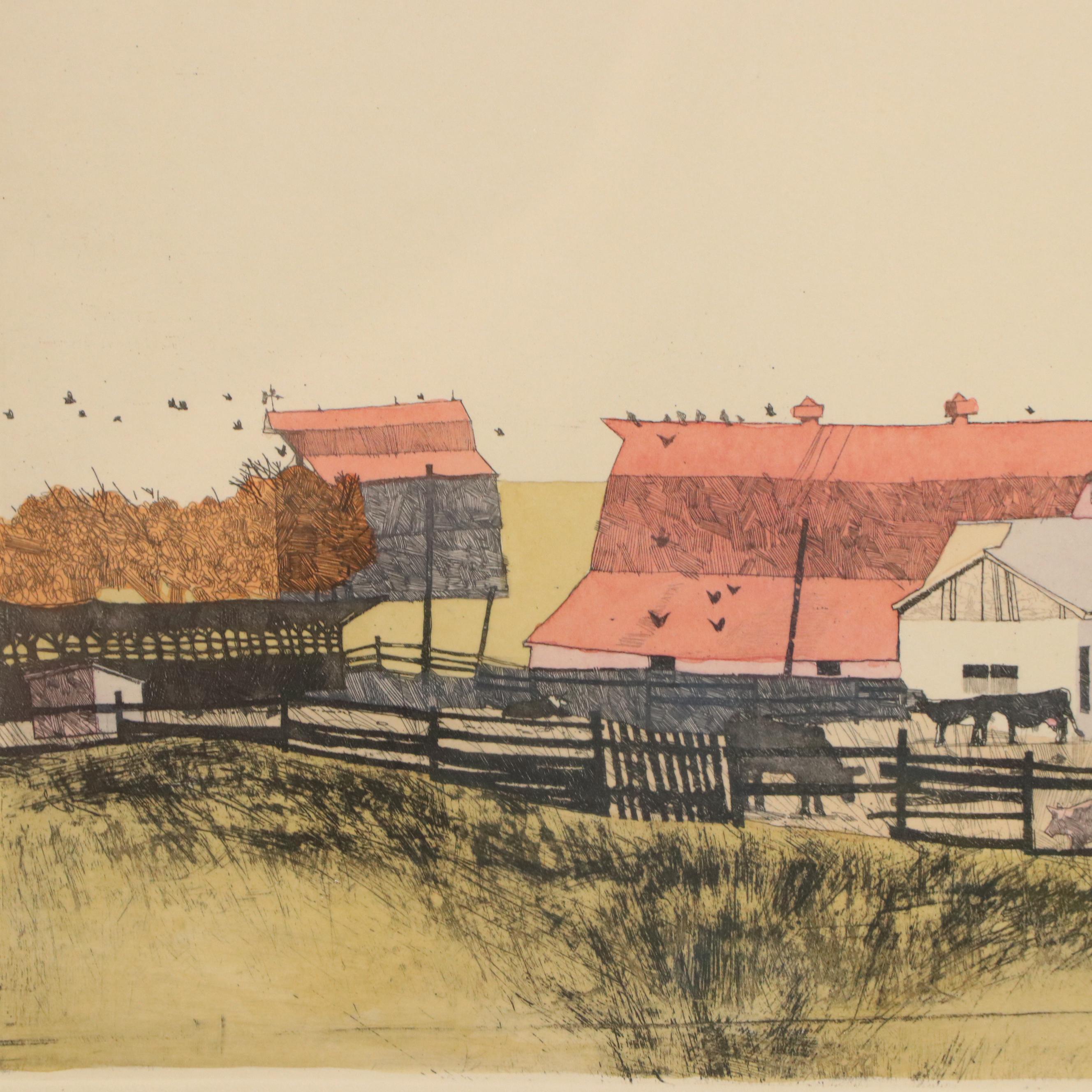 Paul Phifer Hand-Colored Etching "The Farm"