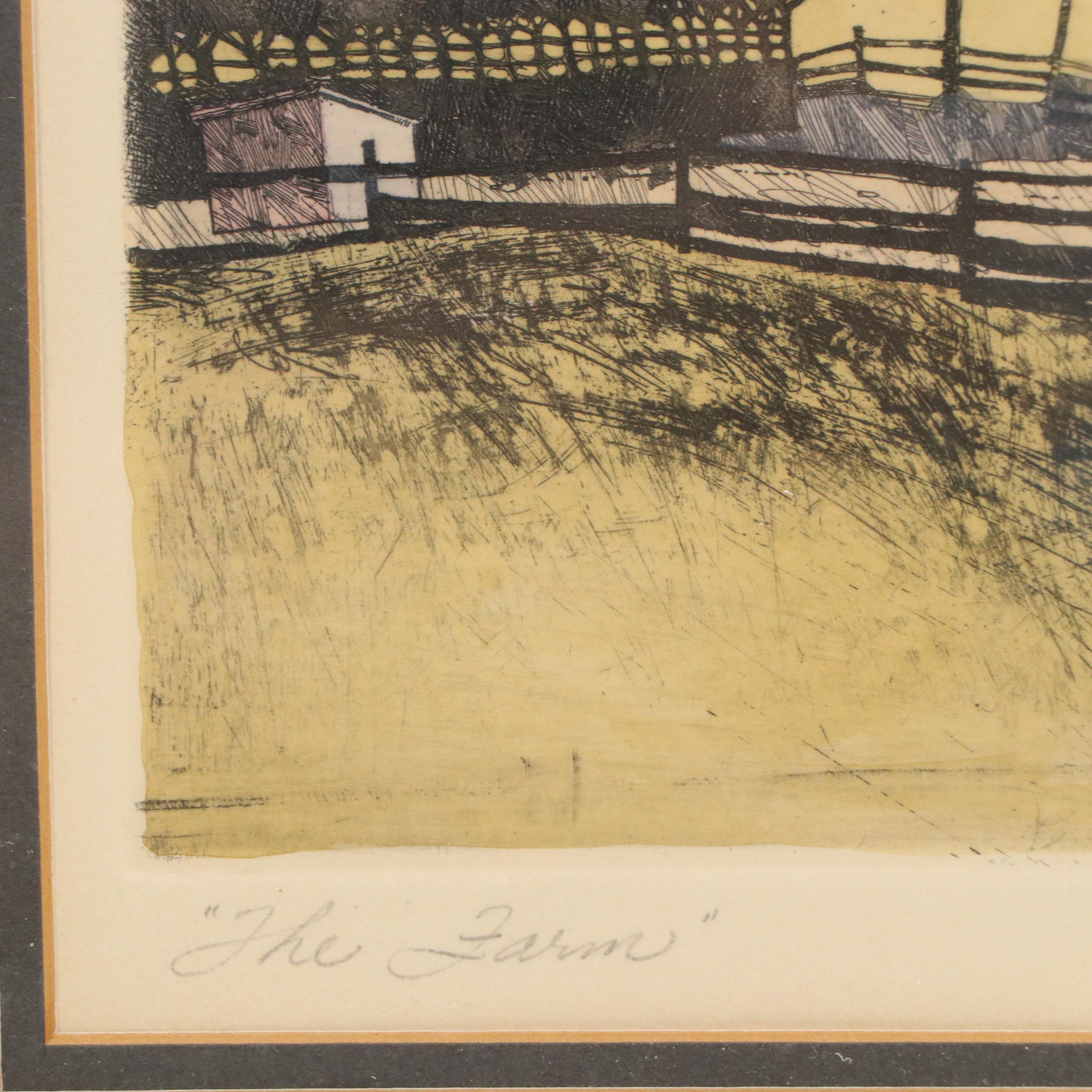 Paul Phifer Hand-Colored Etching "The Farm"