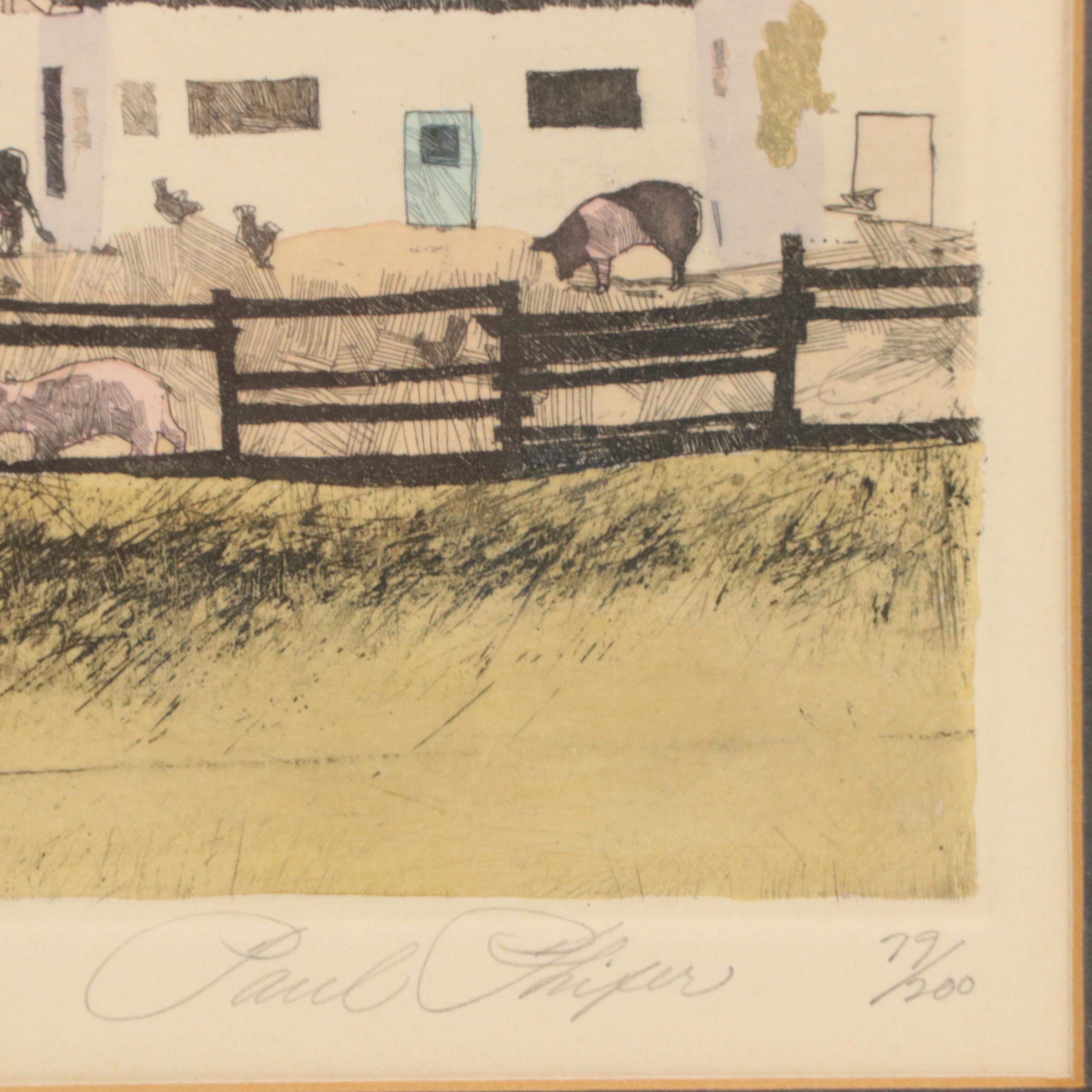 Paul Phifer Hand-Colored Etching "The Farm"