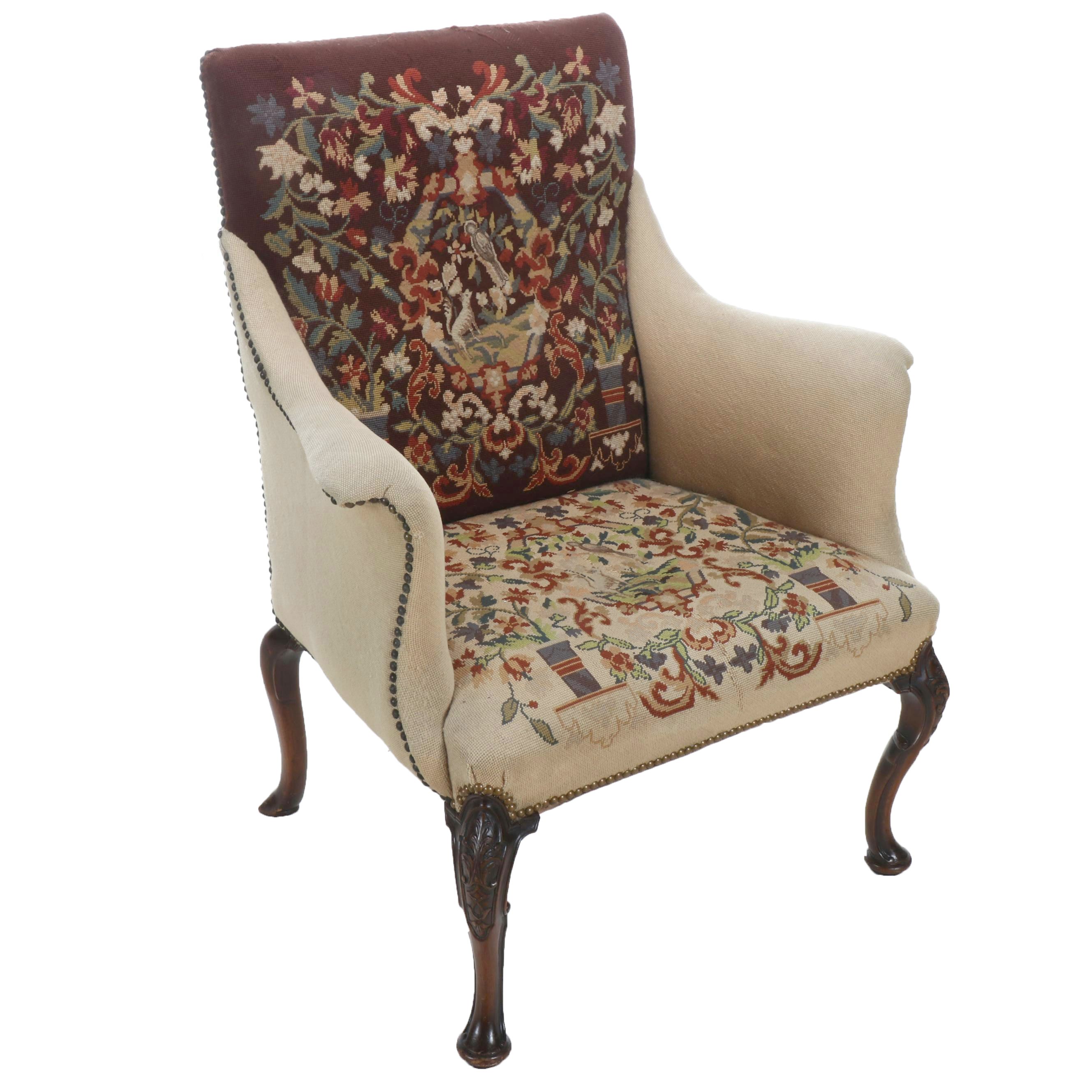 Carved Mahogany Armchair with Needlepoint Upholstery, Early to Mid-20th Century