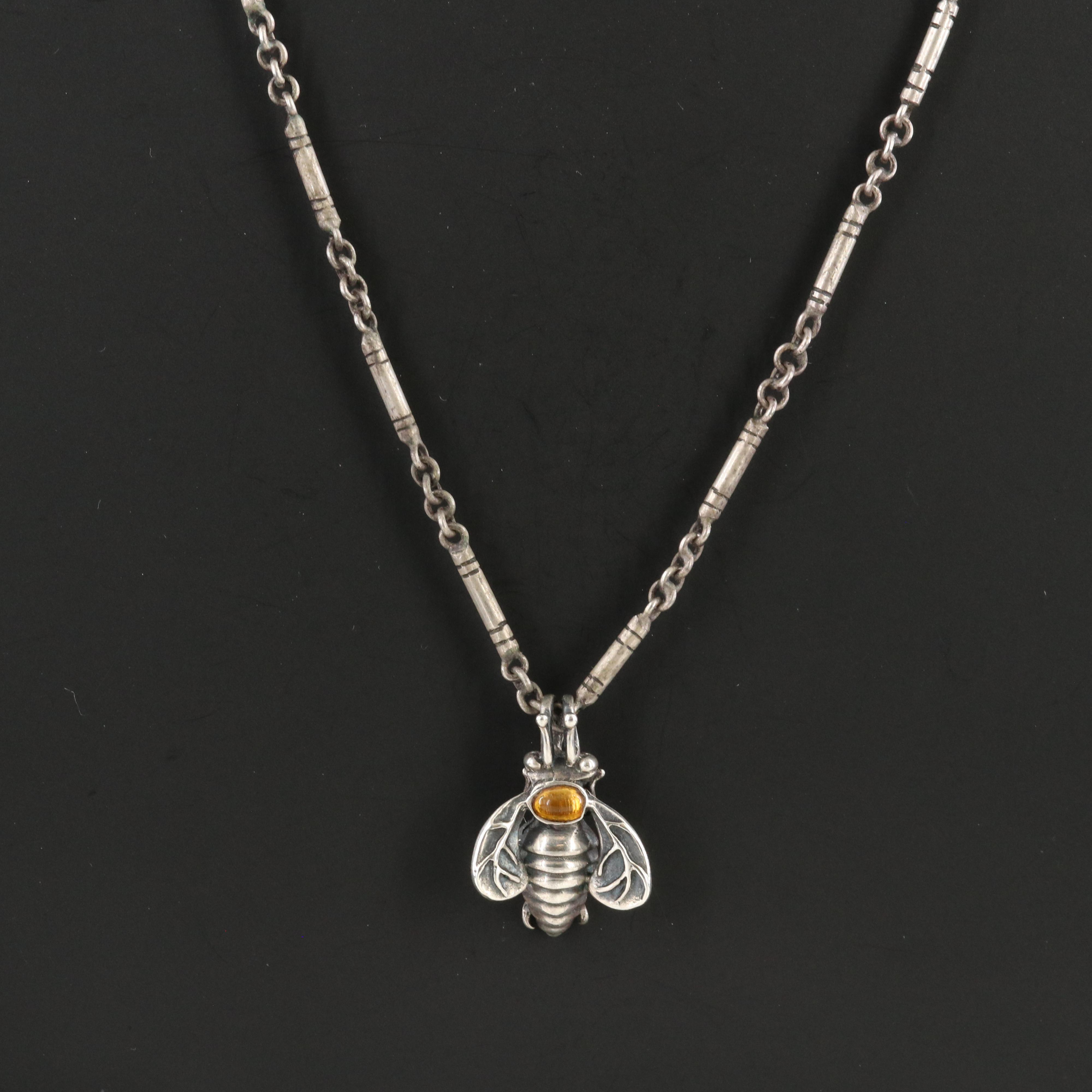 Mignon Faget Sterling Citrine Bee Pendant on Barrel Link Necklace