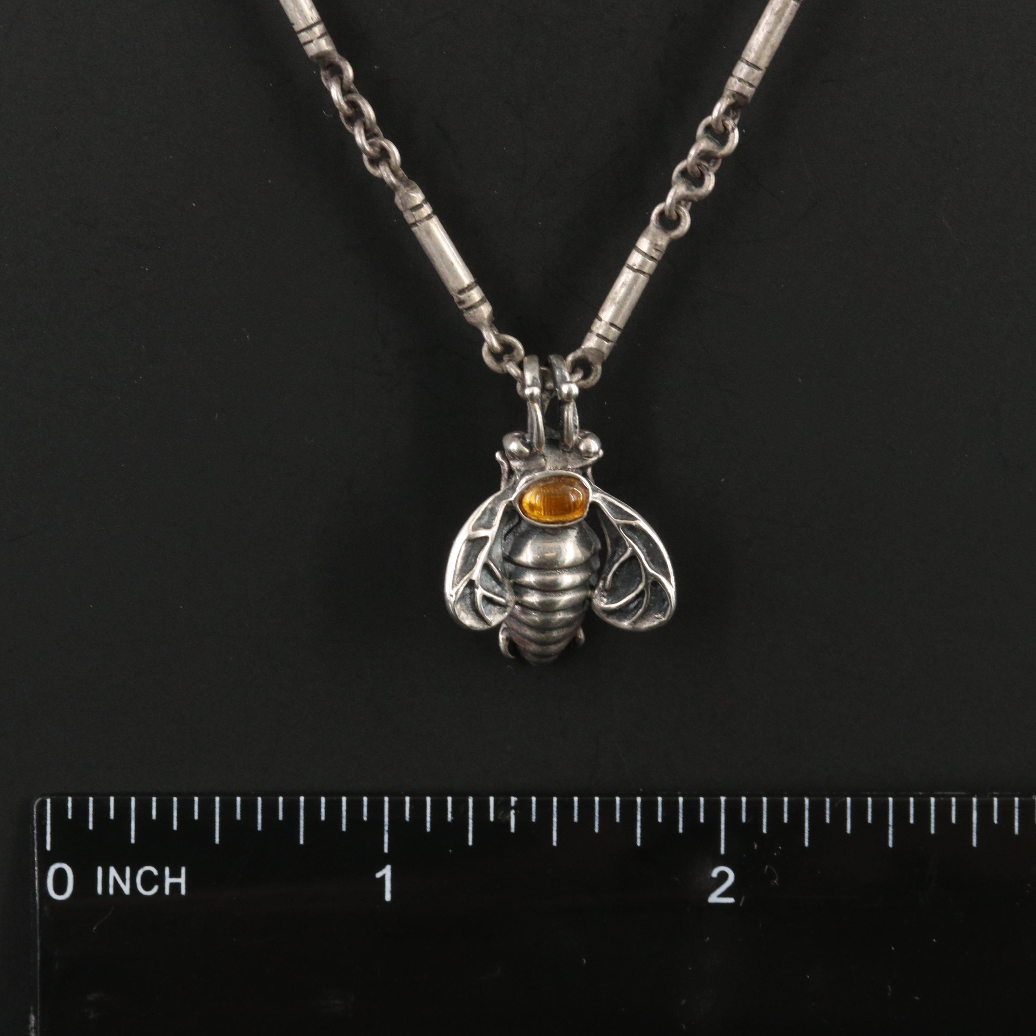 Mignon Faget Sterling Citrine Bee Pendant on Barrel Link Necklace