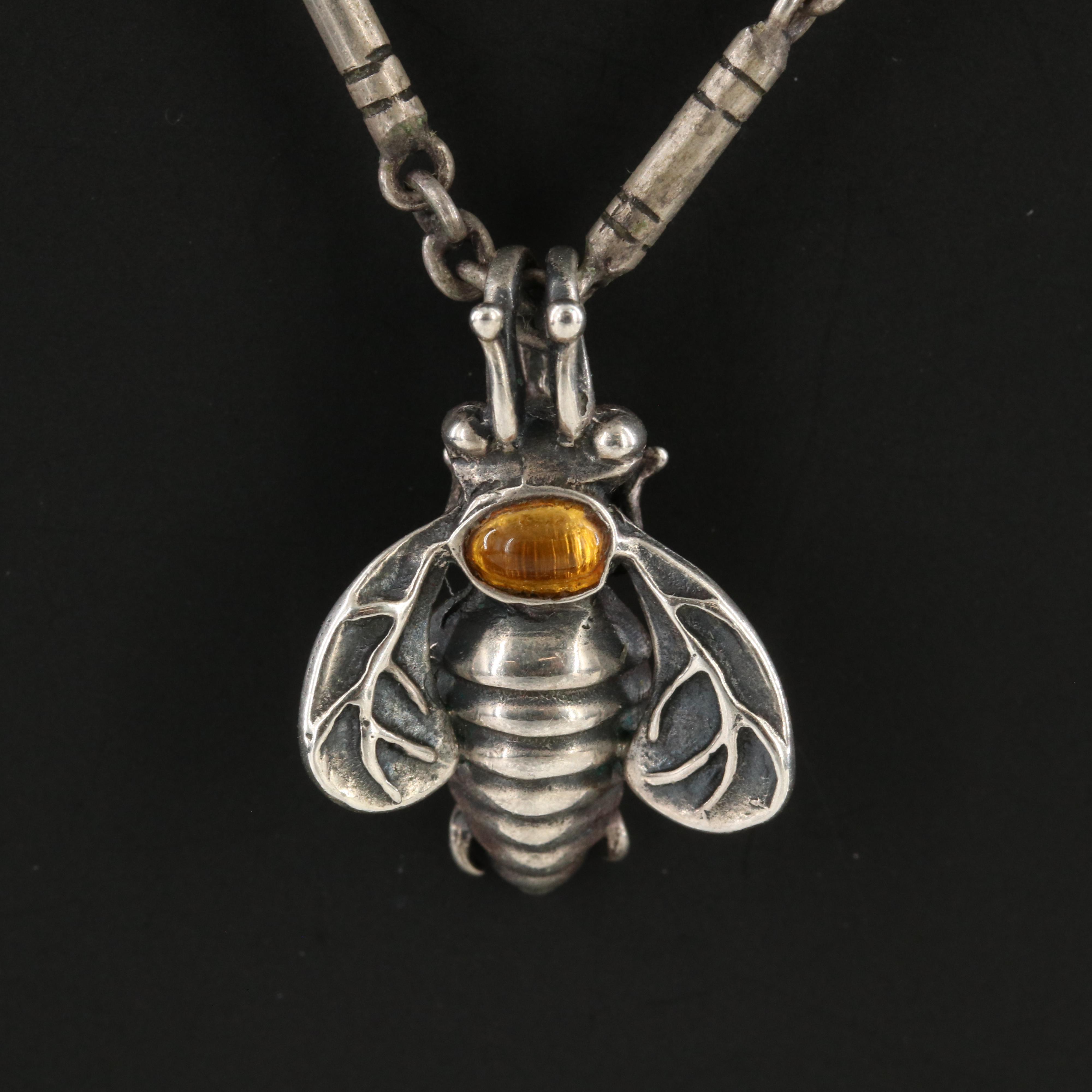 Mignon Faget Sterling Citrine Bee Pendant on Barrel Link Necklace