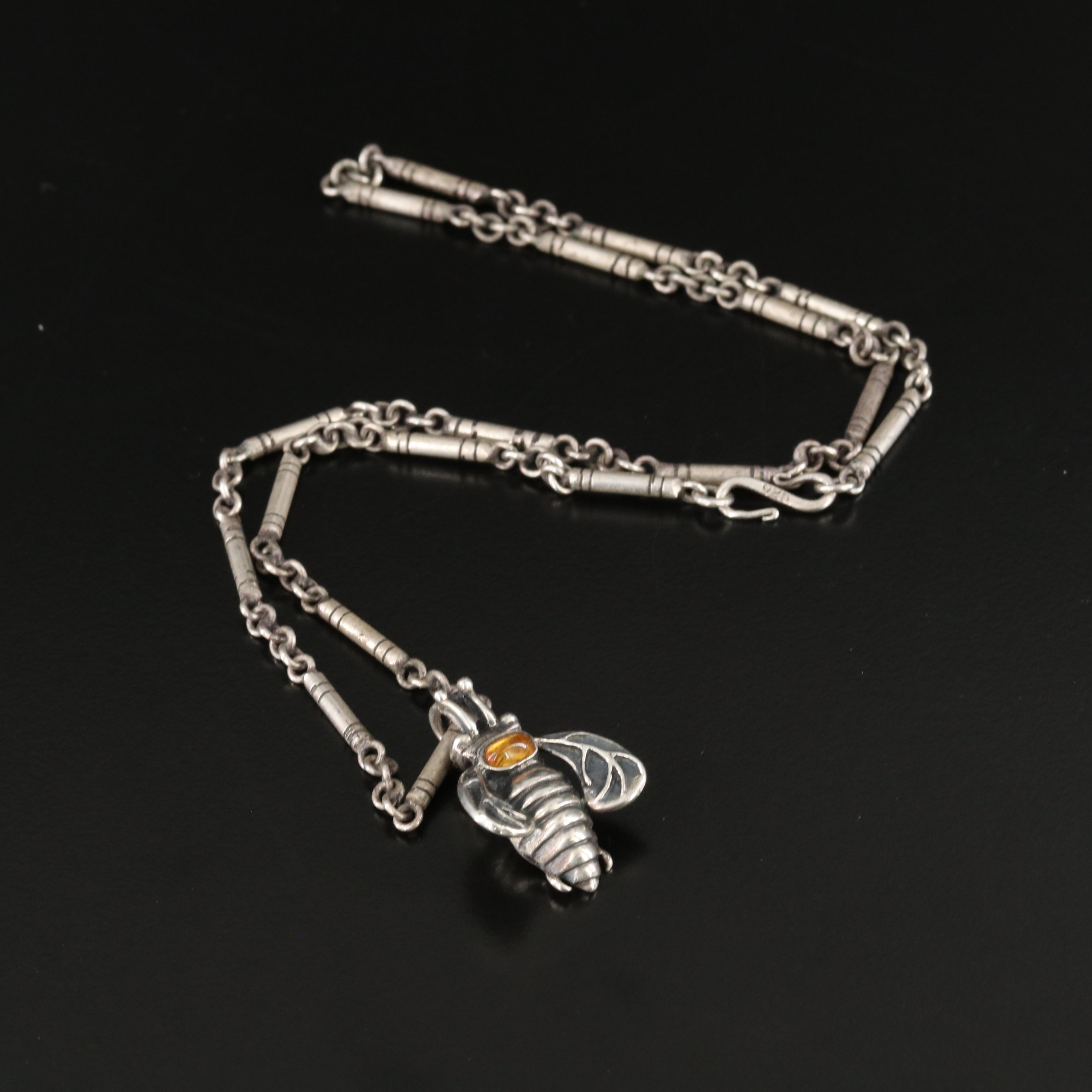 Mignon Faget Sterling Citrine Bee Pendant on Barrel Link Necklace