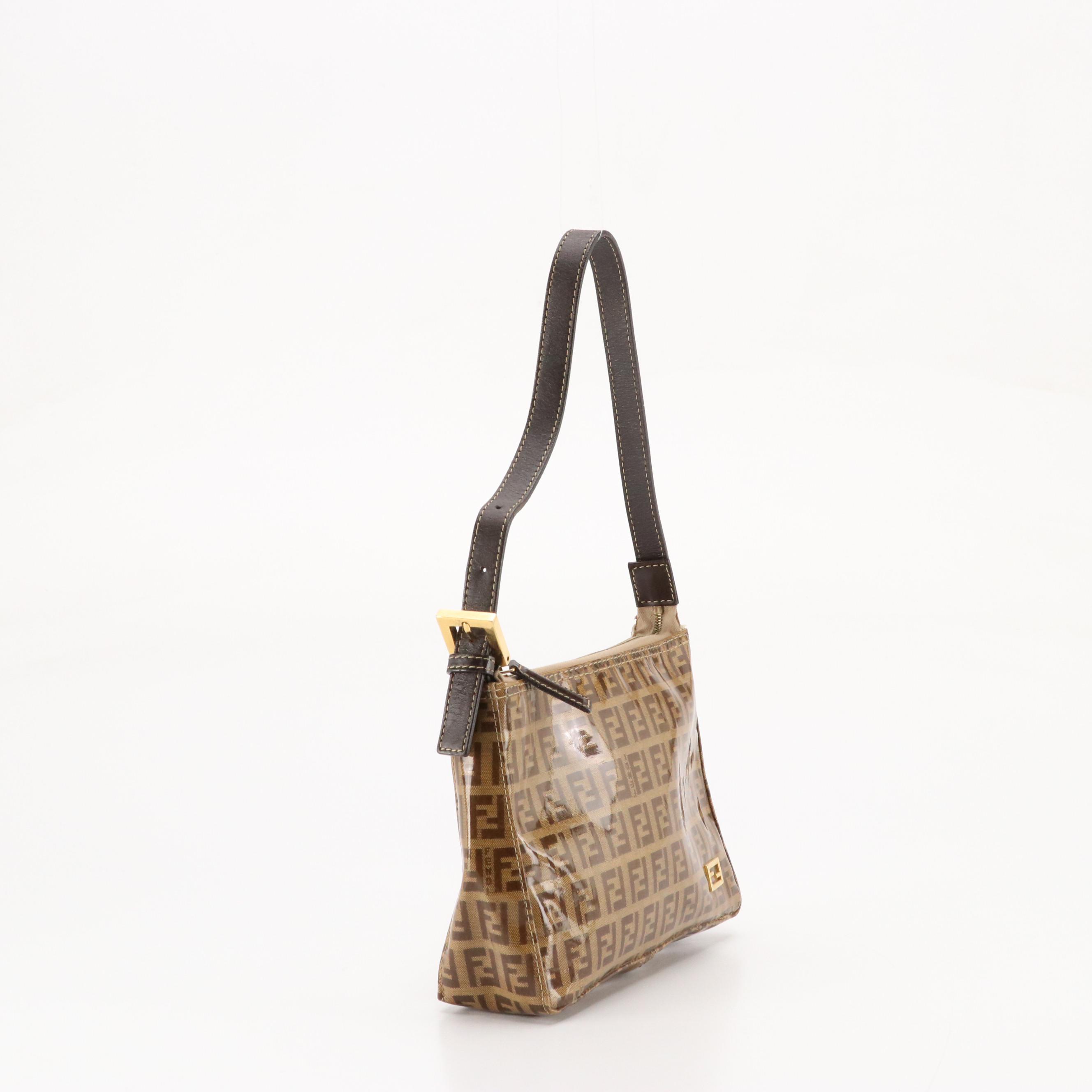 Fendi Small Zippered Handbag in PVC Coated Zucchino Canvas & Brown Leather Trim