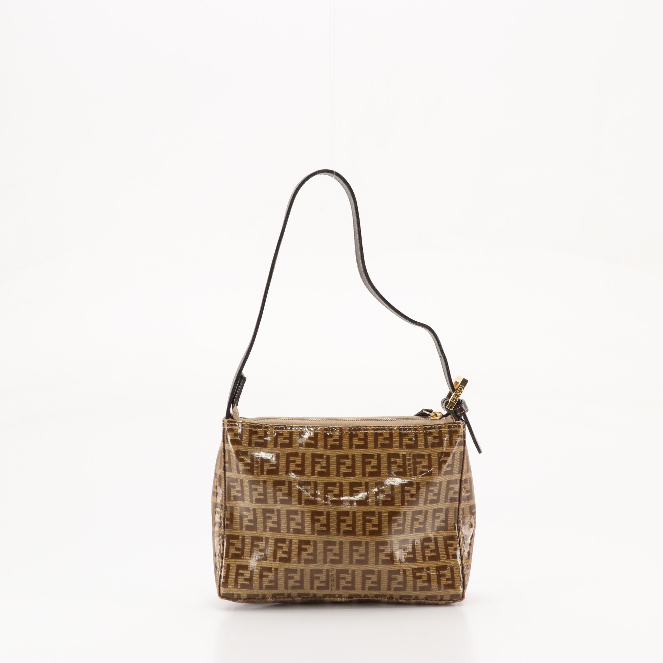 Fendi Small Zippered Handbag in PVC Coated Zucchino Canvas & Brown Leather Trim