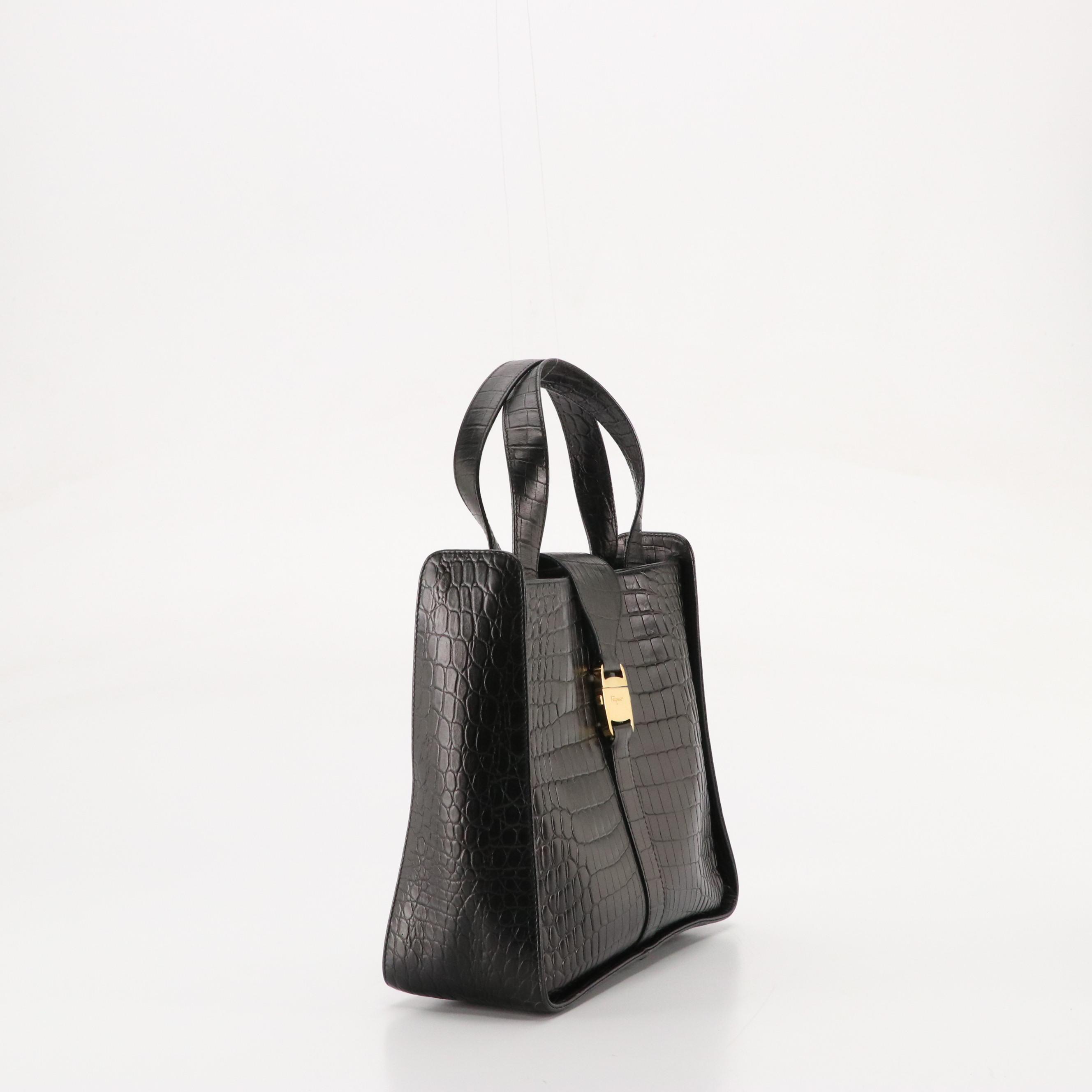 Salvatore Ferragamo Handbag in Black Croc Embossed Leather