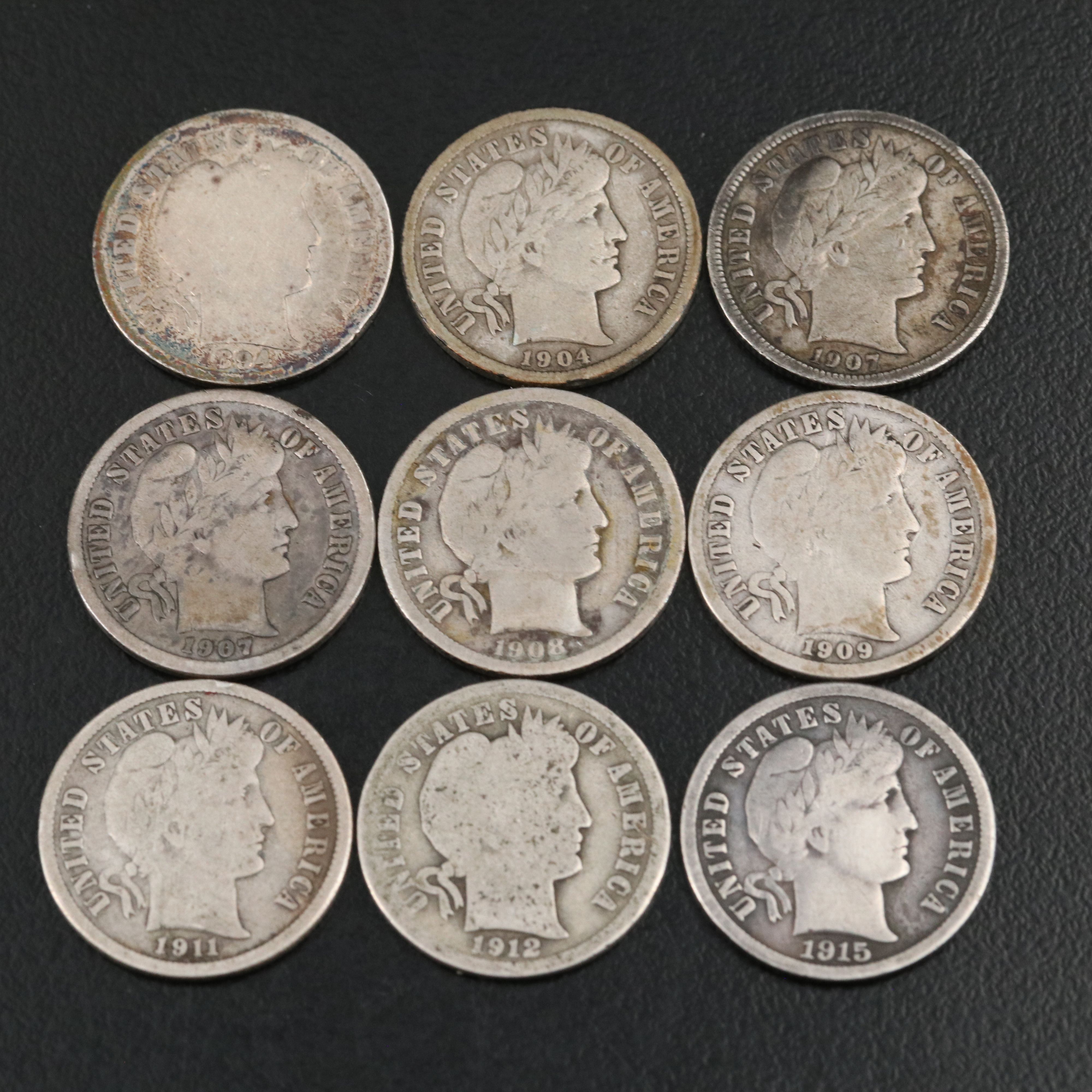Group of Nine Different Barber Dimes with an 1894