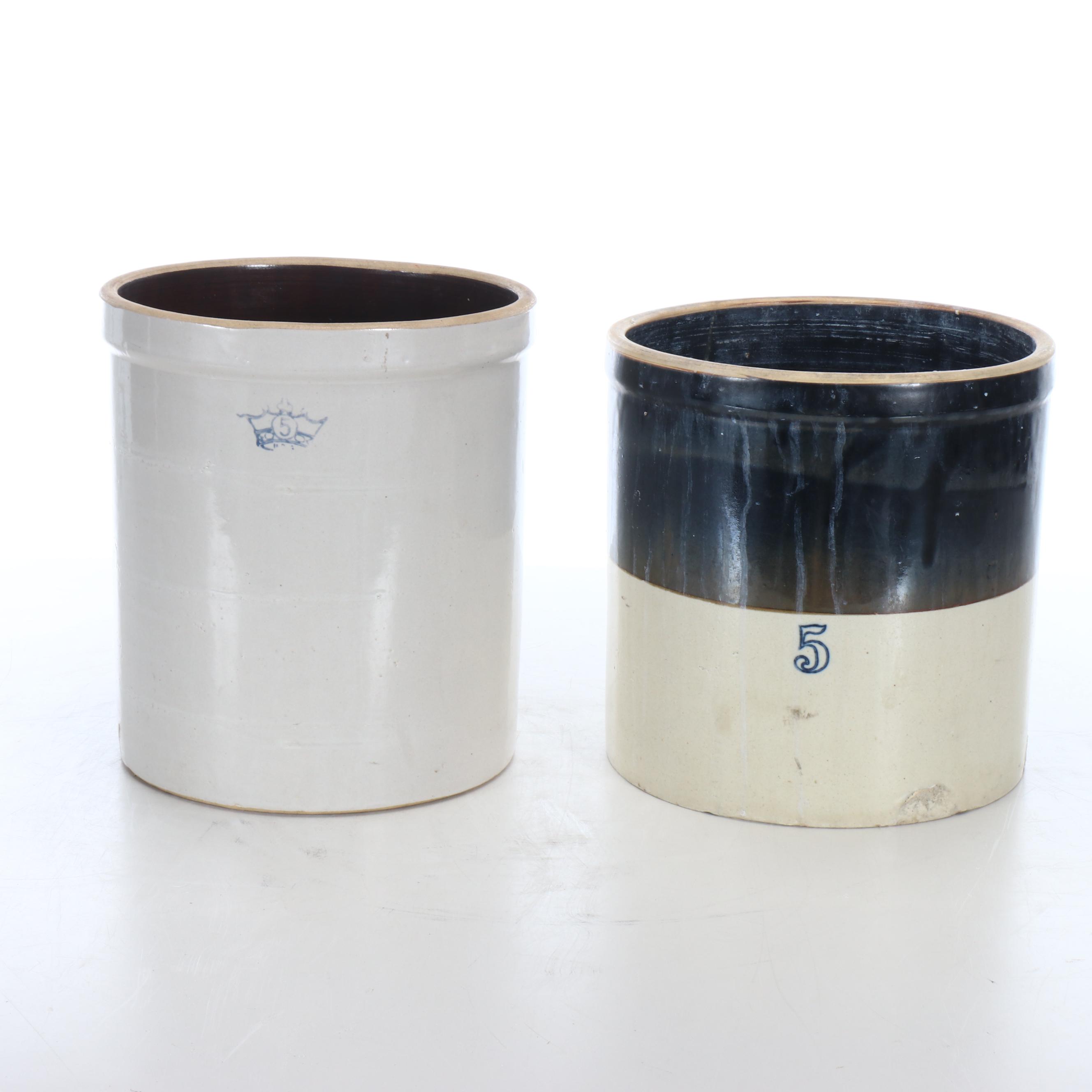 Robinson Ransbottom Crown with Other Two-Tone Five Gallon Stoneware Crocks
