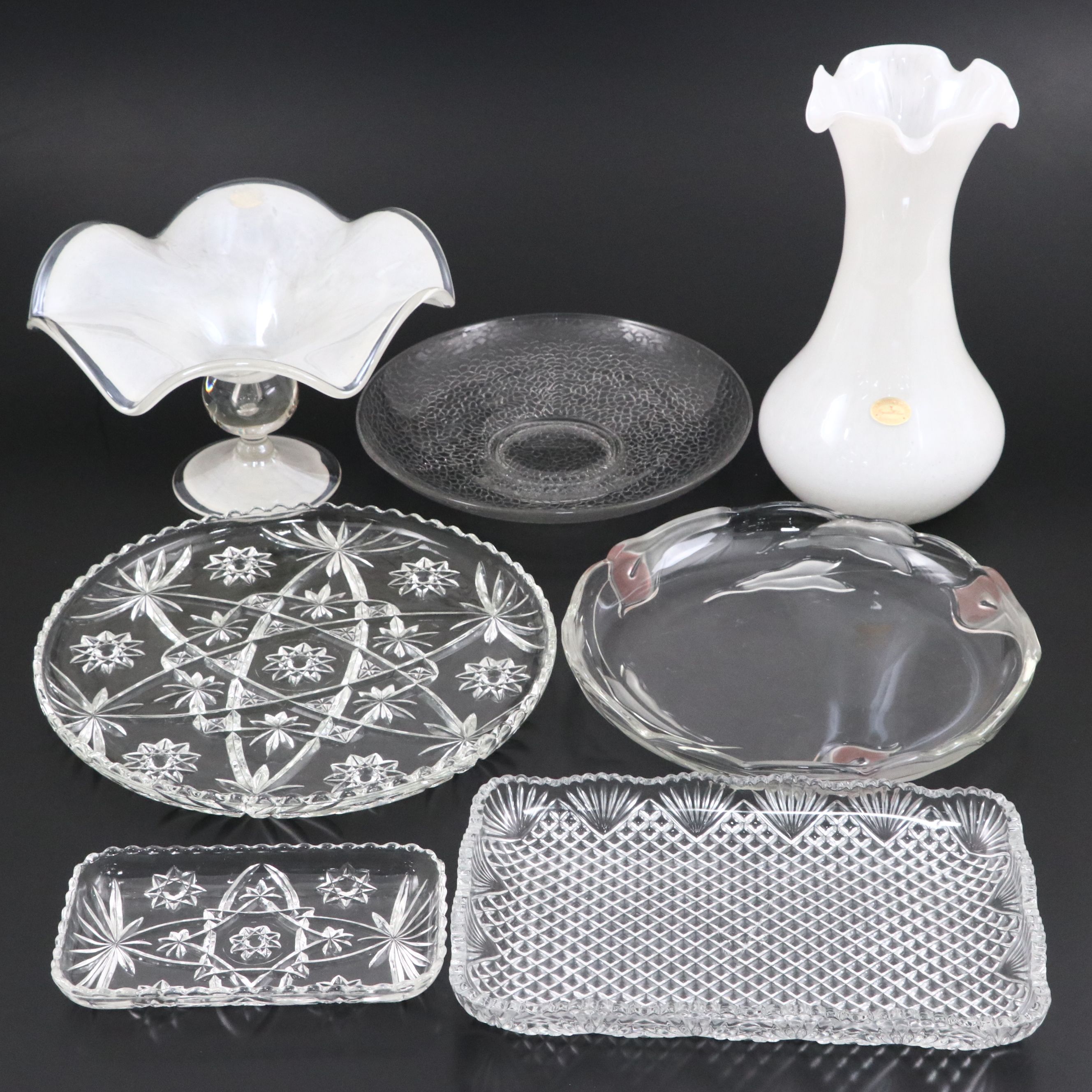 Crystal Clear Italian Glass Vase and Art Glass Compote with Platters