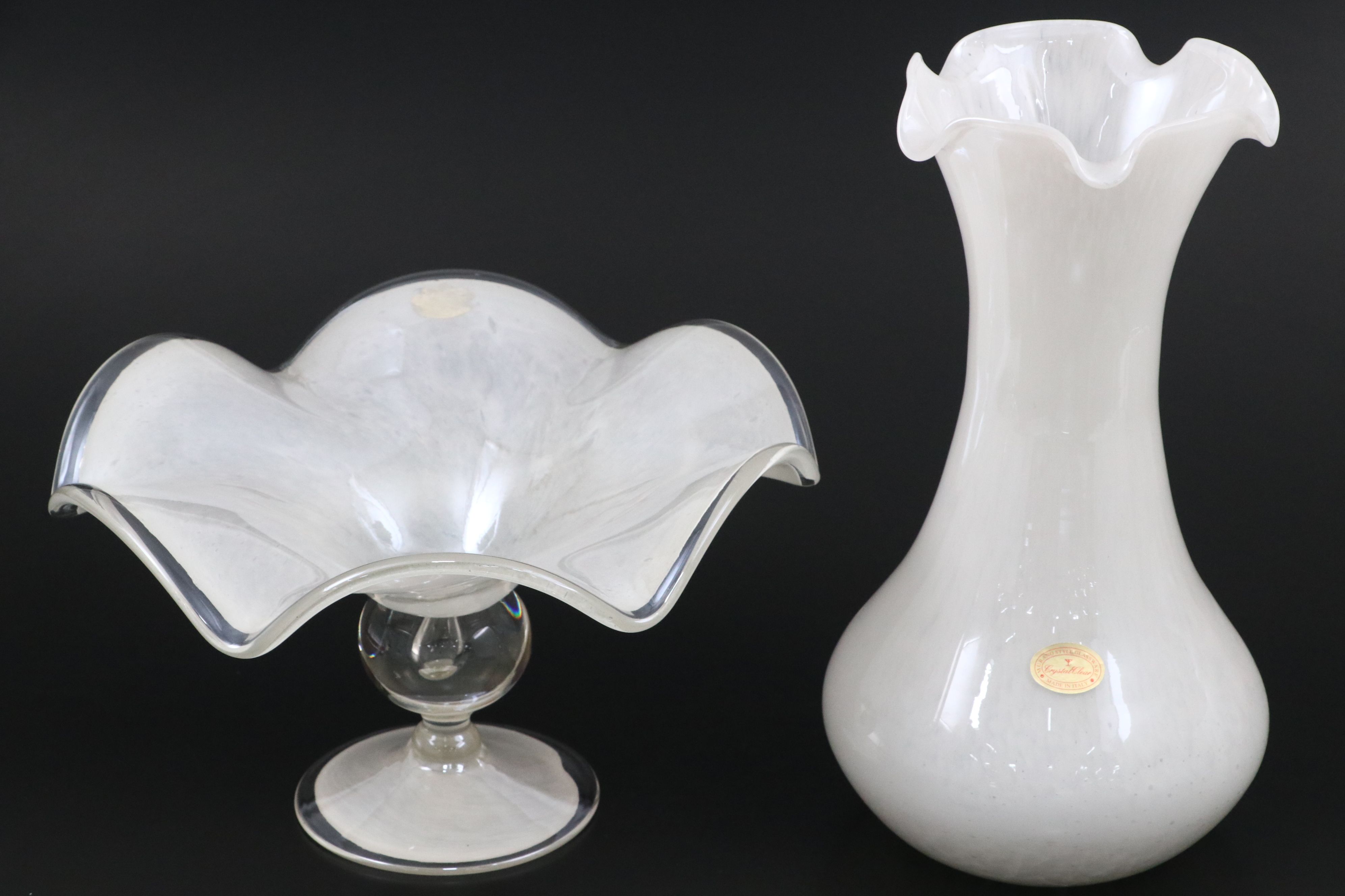 Crystal Clear Italian Glass Vase and Art Glass Compote with Platters