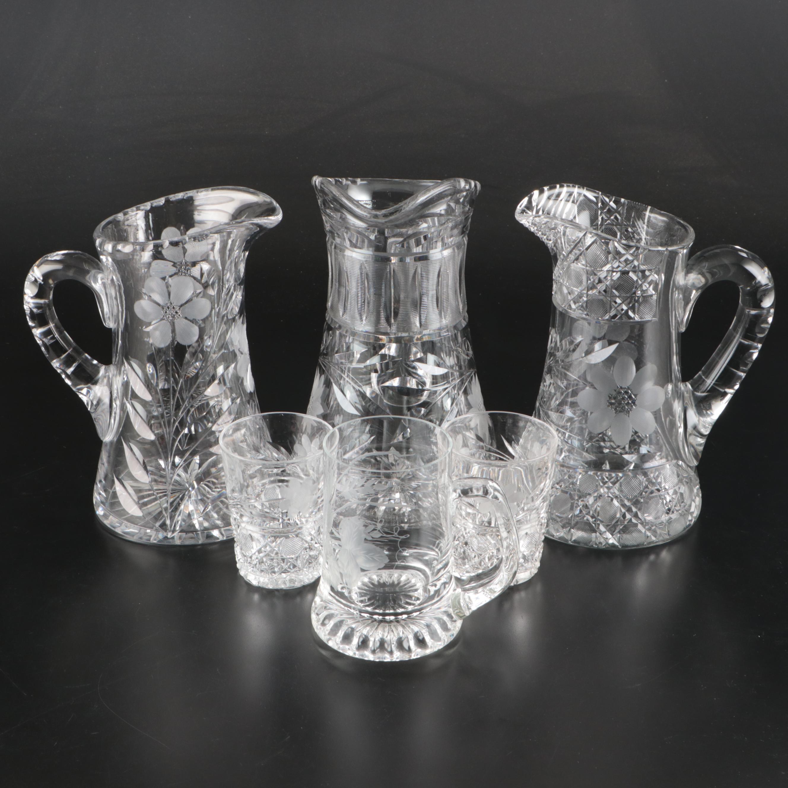 American Brilliant Style Cut and Etched Glass Pitchers and Drinkware