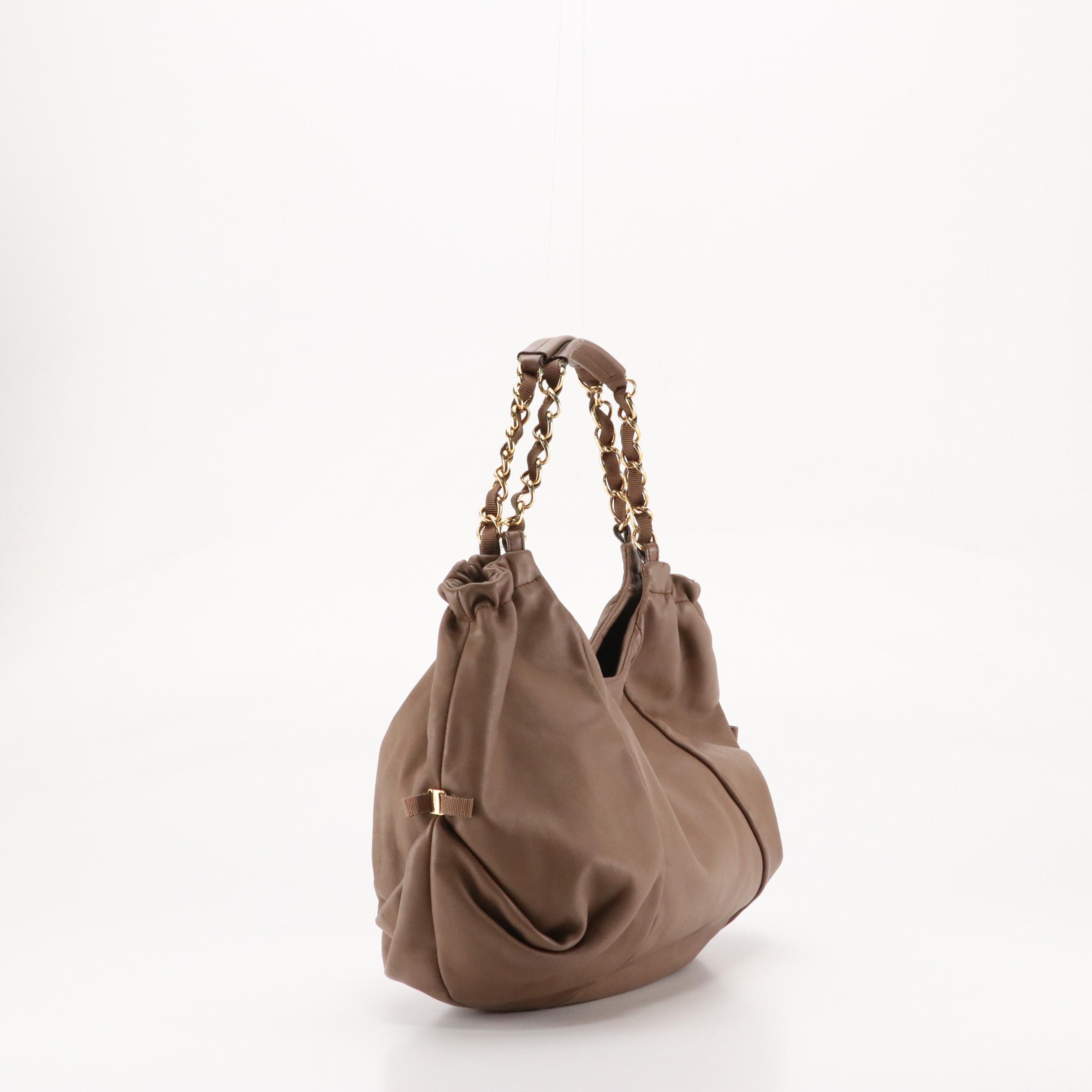 Salvatore Ferragamo Vara Bow Accented Hobo Bag in Mocha Brown Calfskin Leather