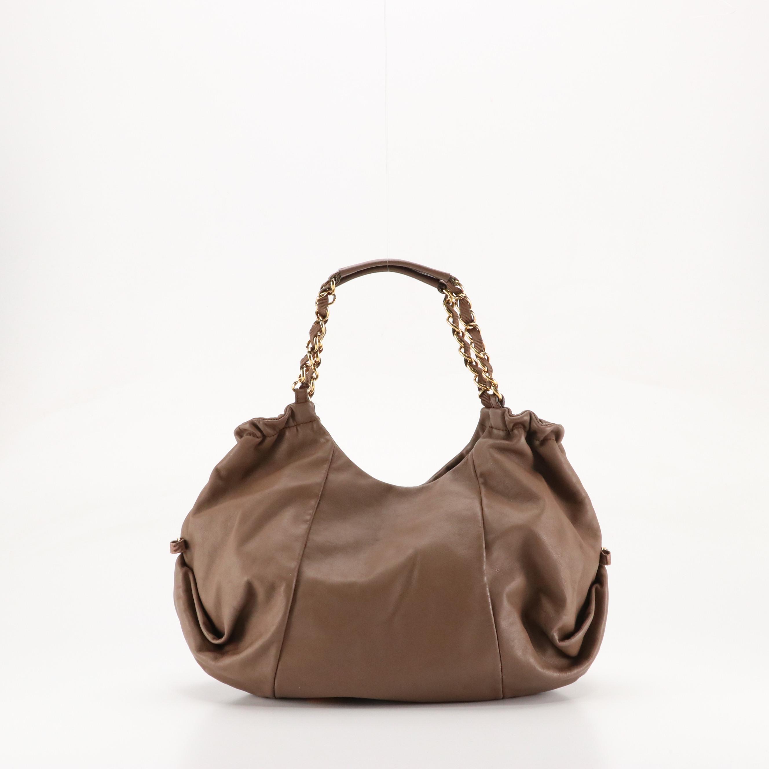 Salvatore Ferragamo Vara Bow Accented Hobo Bag in Mocha Brown Calfskin Leather