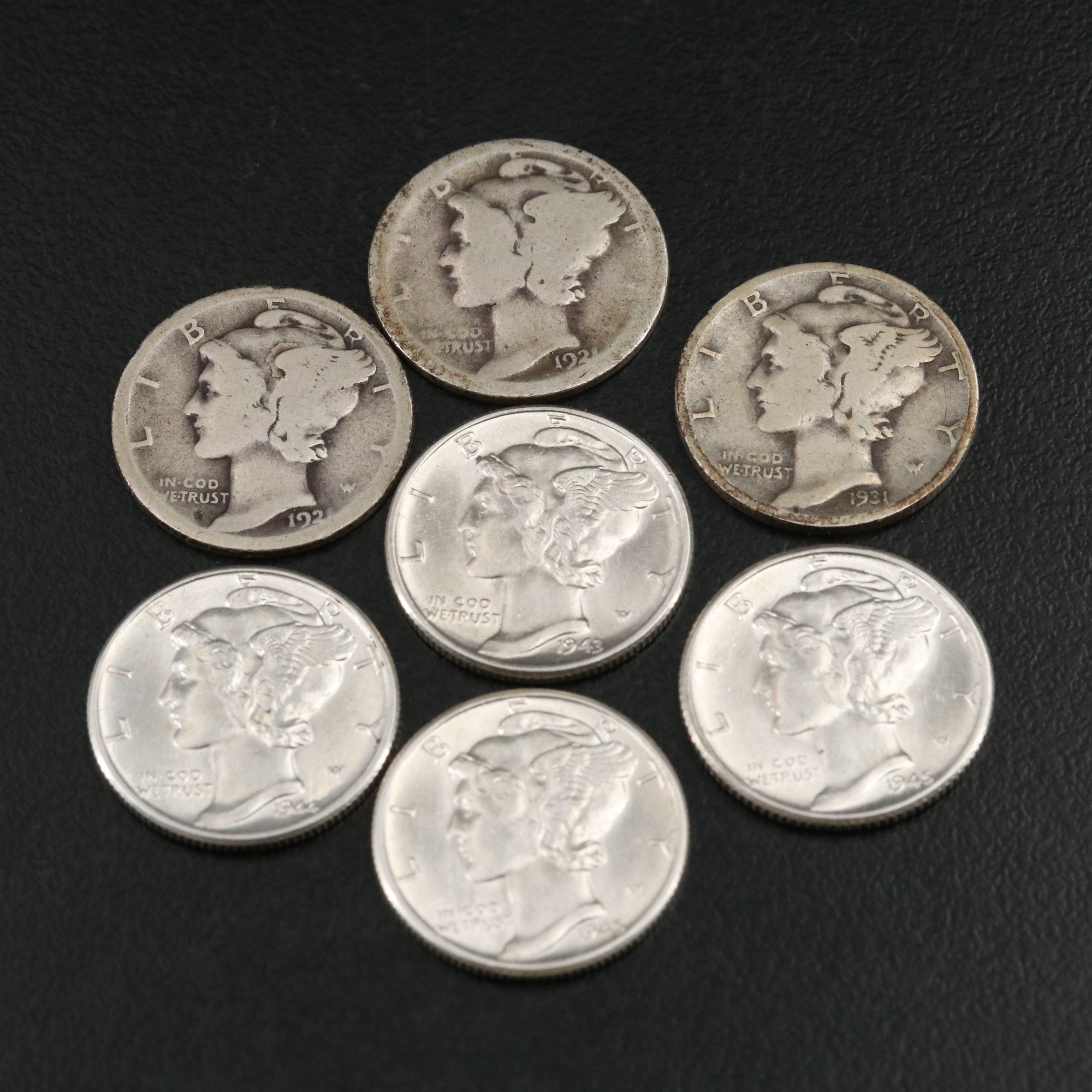 Two 1921 Mercury Silver Dimes with Five Others