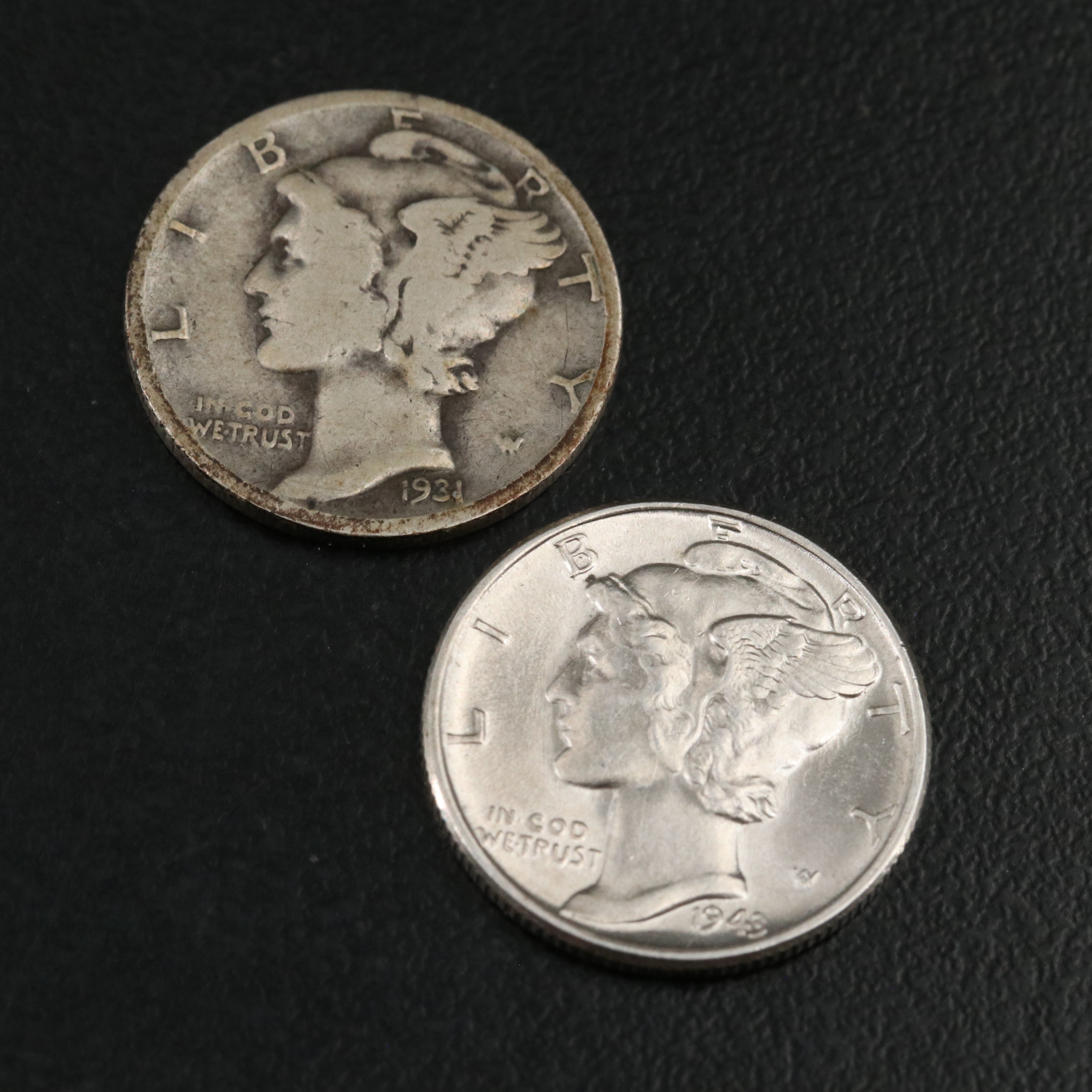 Two 1921 Mercury Silver Dimes with Five Others