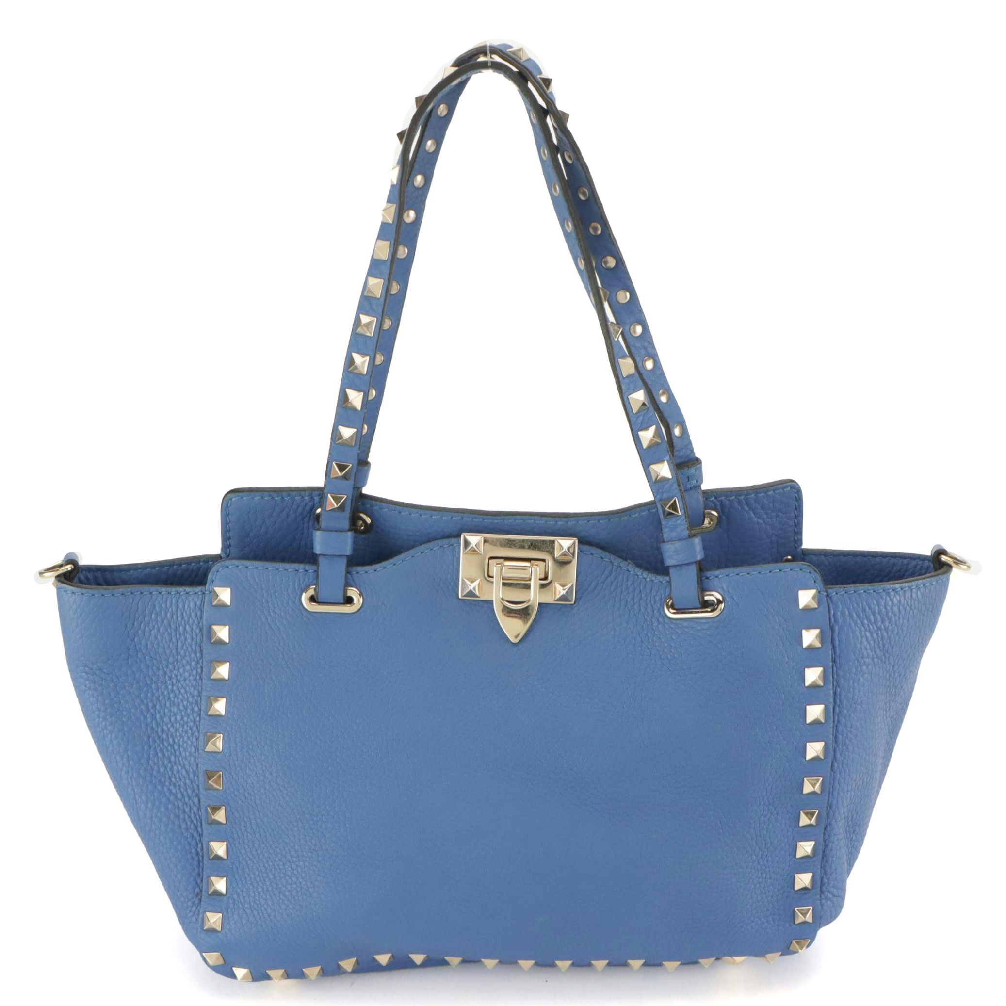 Valentino Garavani Small Rockstud Two-Way Tote in Blue Grained Calfskin
