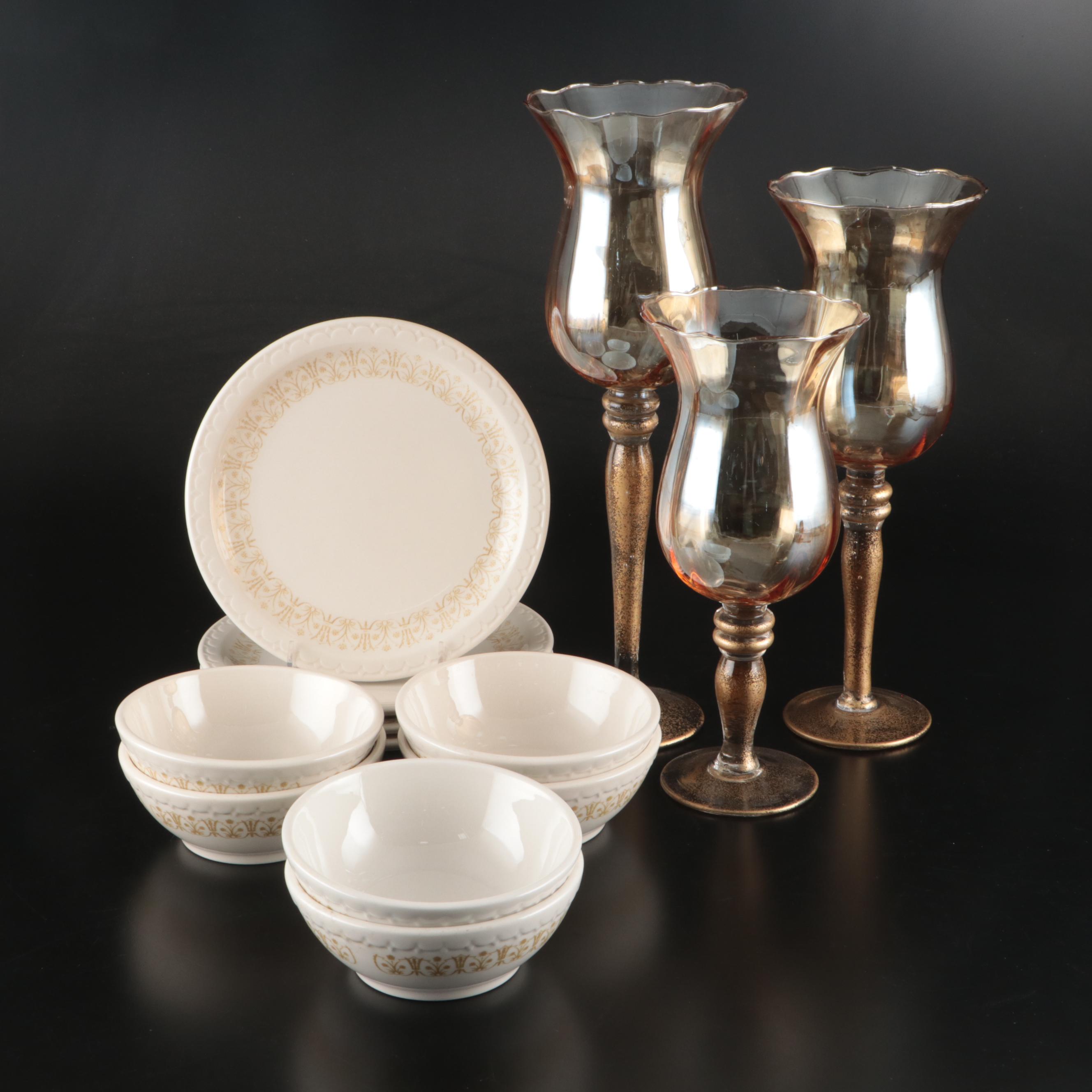Syracuse China Stoneware Plates and Bowls with Glass Hurricanes