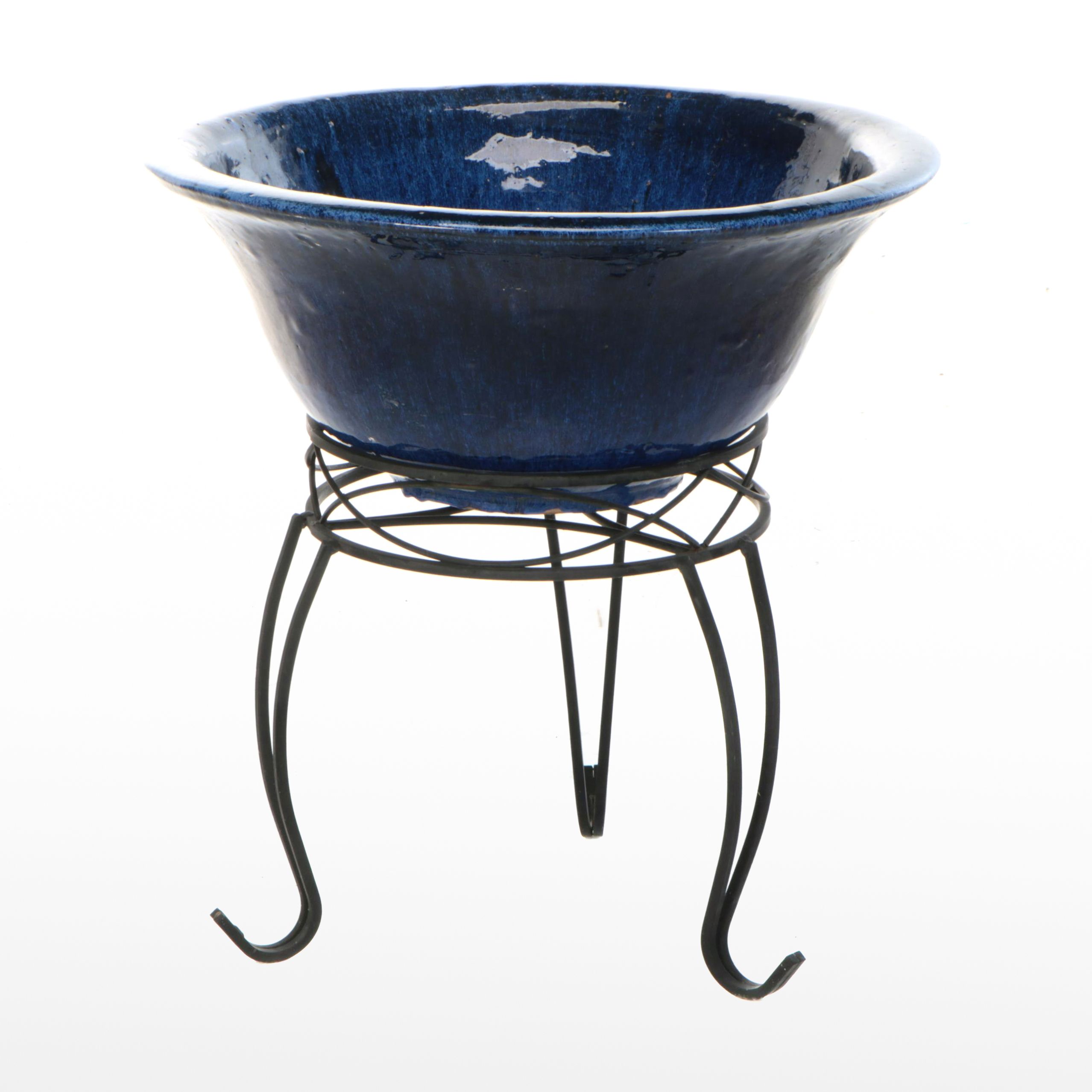 Cobalt Drip Glaze Terracotta Vessel with Wrought Iron Stand