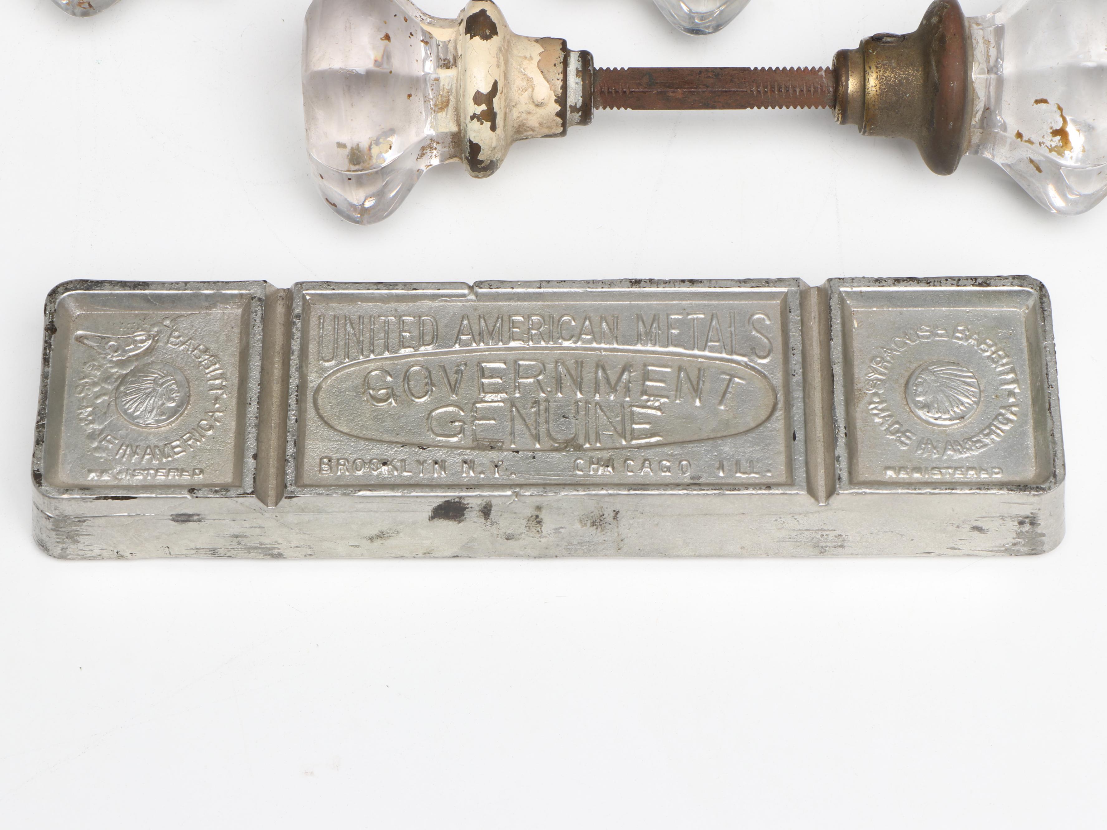 Decorative Items with Glass Door Knobs, Babbitt Metal Ingot, and Steam Iron