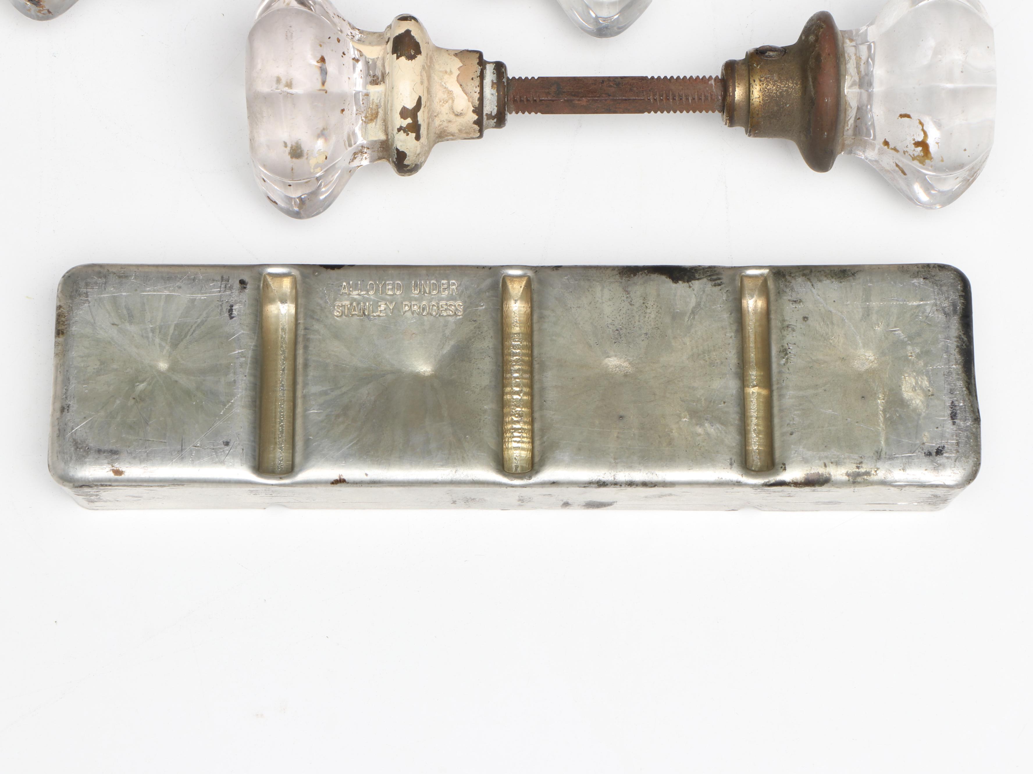 Decorative Items with Glass Door Knobs, Babbitt Metal Ingot, and Steam Iron