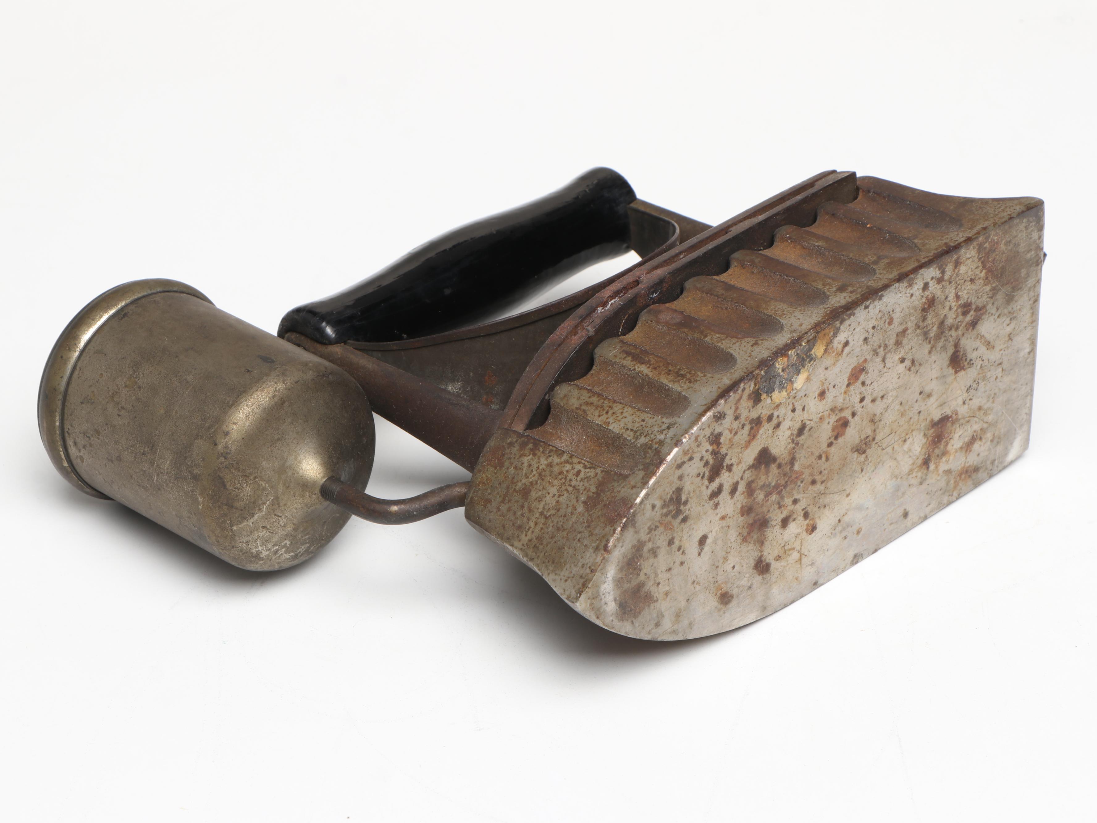 Decorative Items with Glass Door Knobs, Babbitt Metal Ingot, and Steam Iron