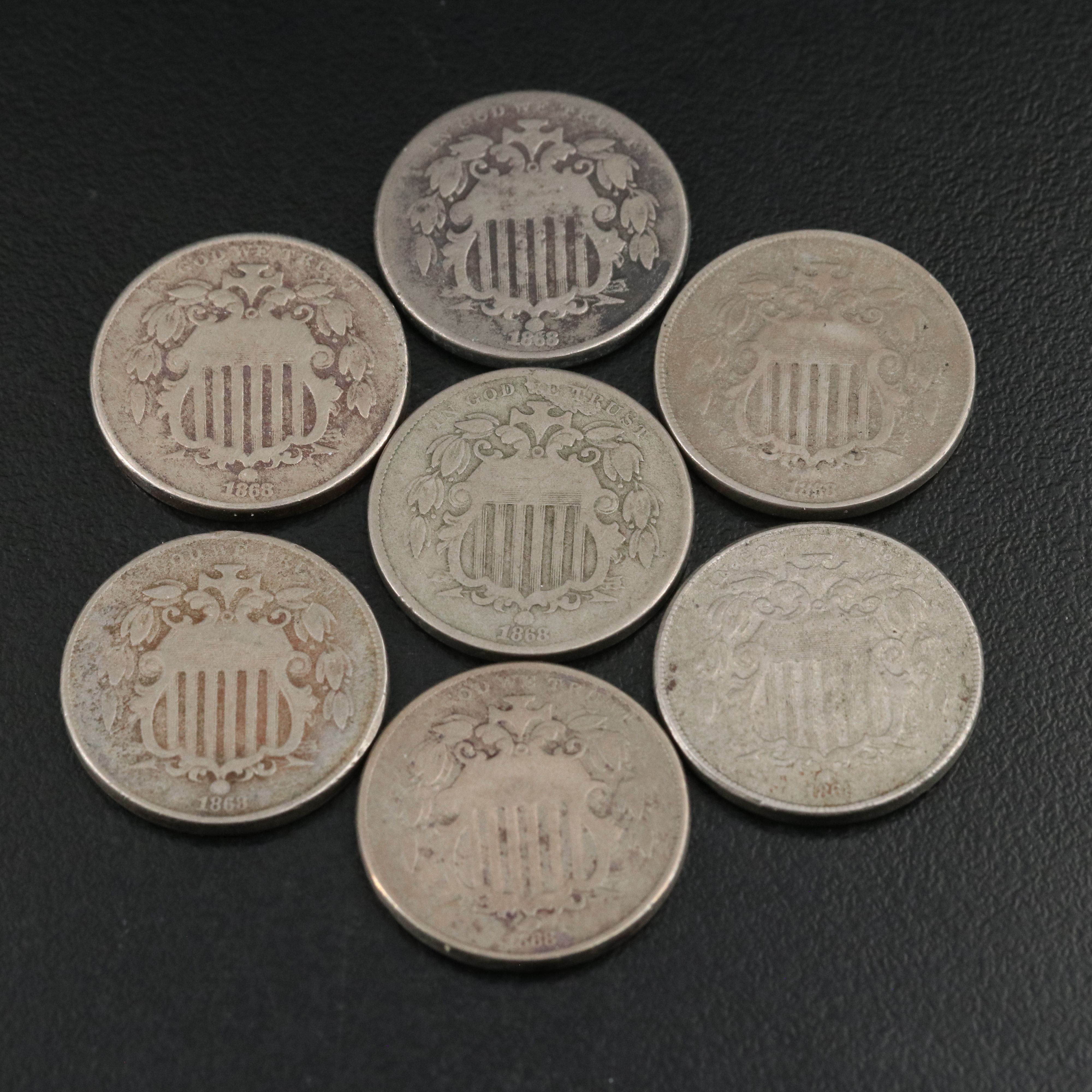 Seven 1868  Shield Nickels