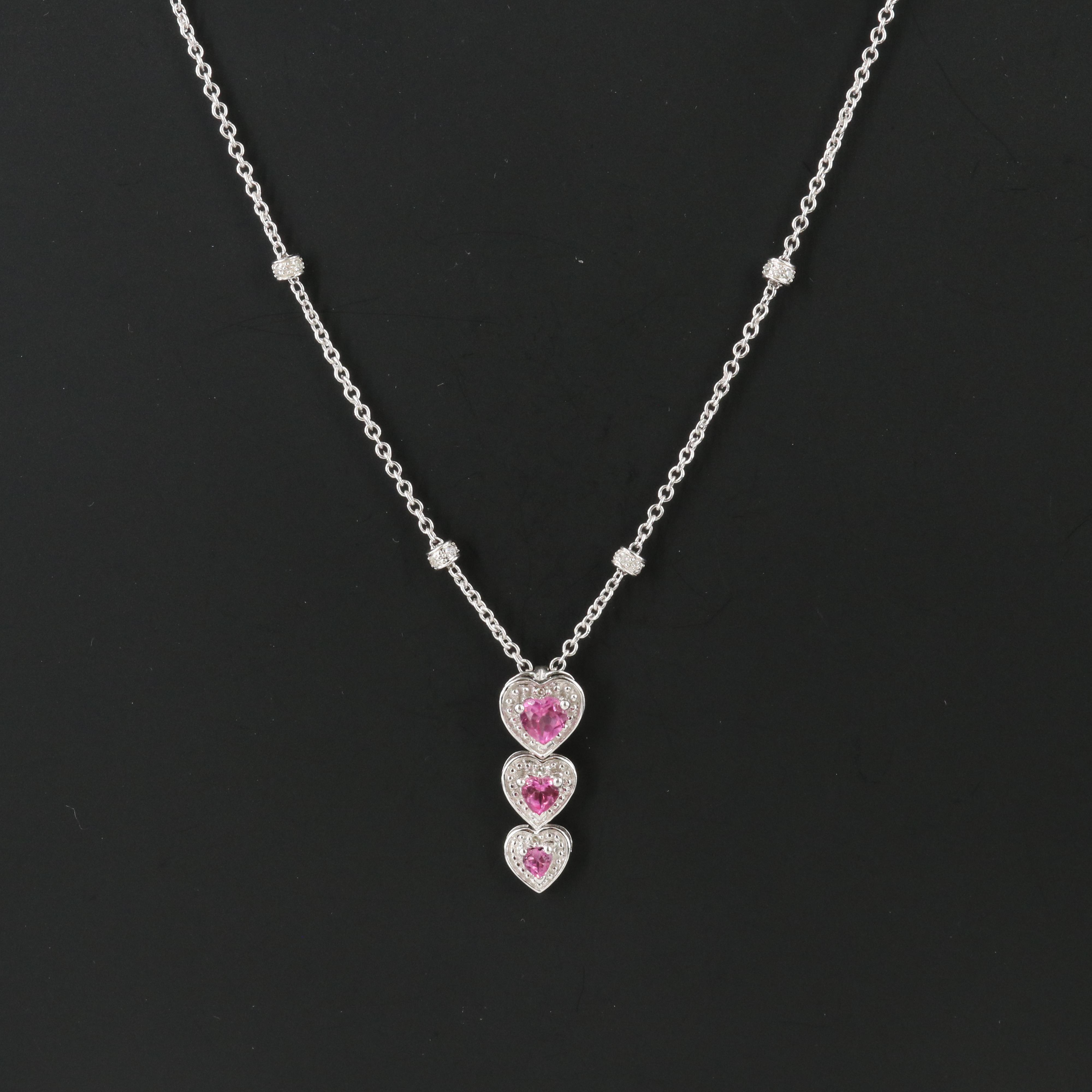 10K Pink Sapphire and Diamond Graduated Heart Pendant on 14K Station Necklace