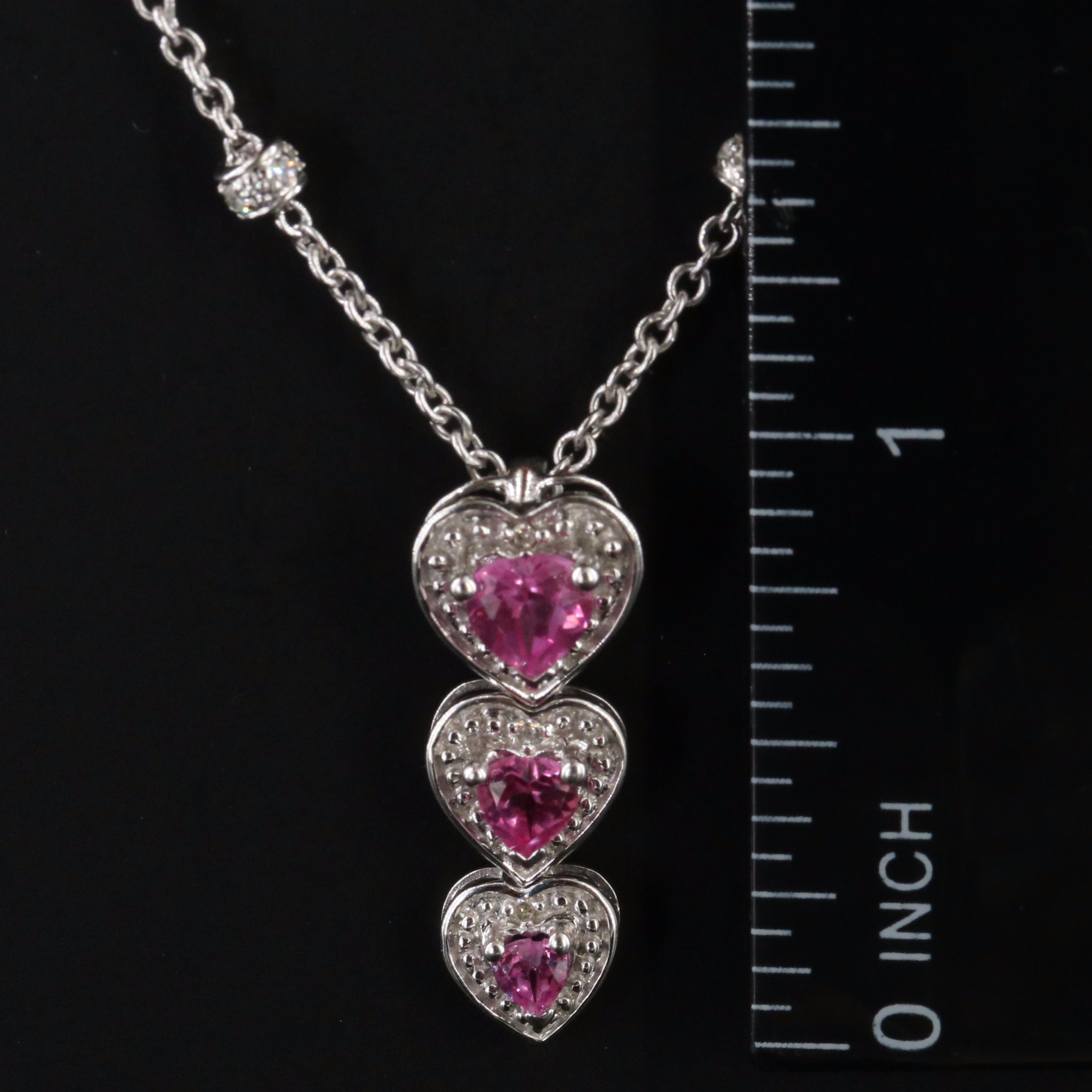 10K Pink Sapphire and Diamond Graduated Heart Pendant on 14K Station Necklace