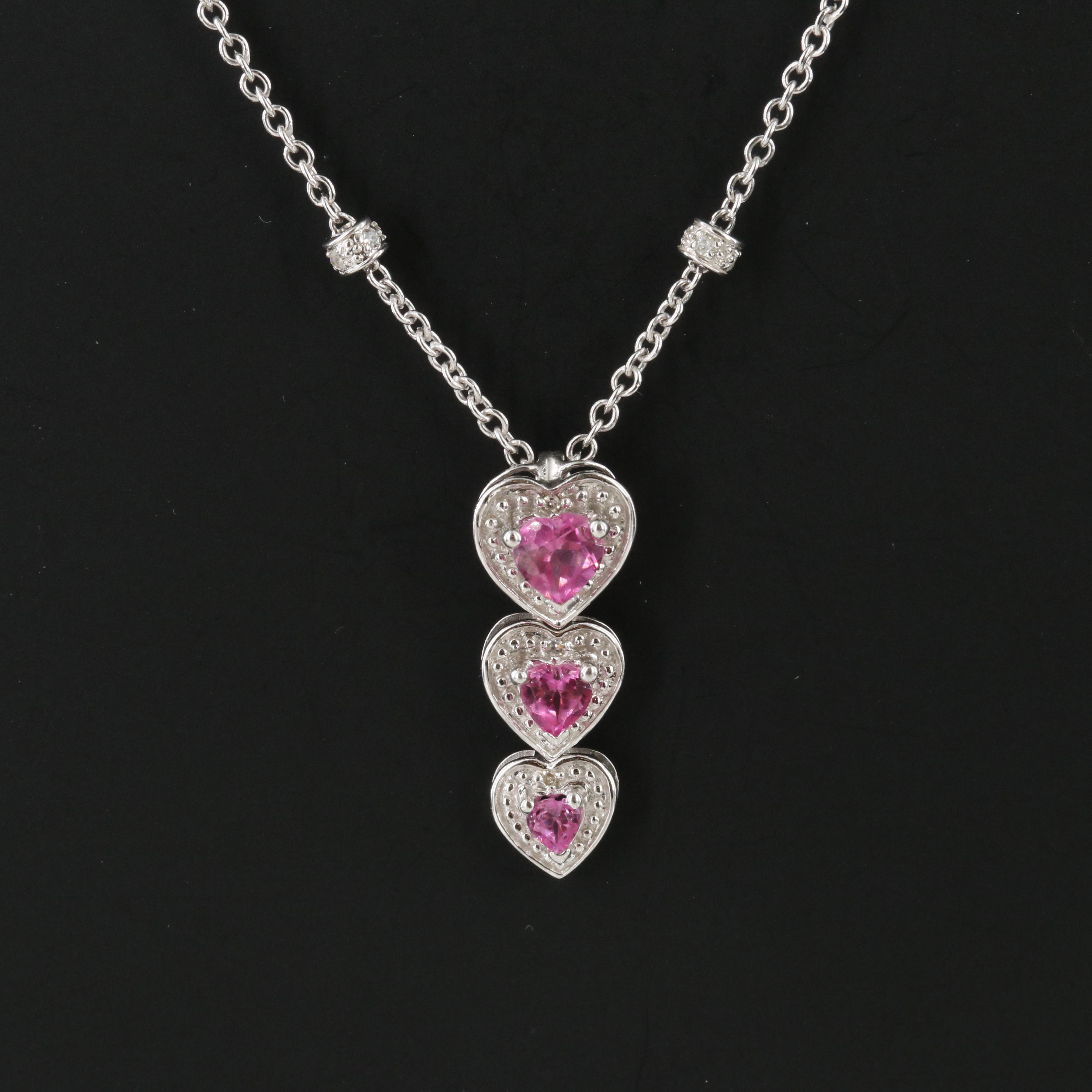 10K Pink Sapphire and Diamond Graduated Heart Pendant on 14K Station Necklace