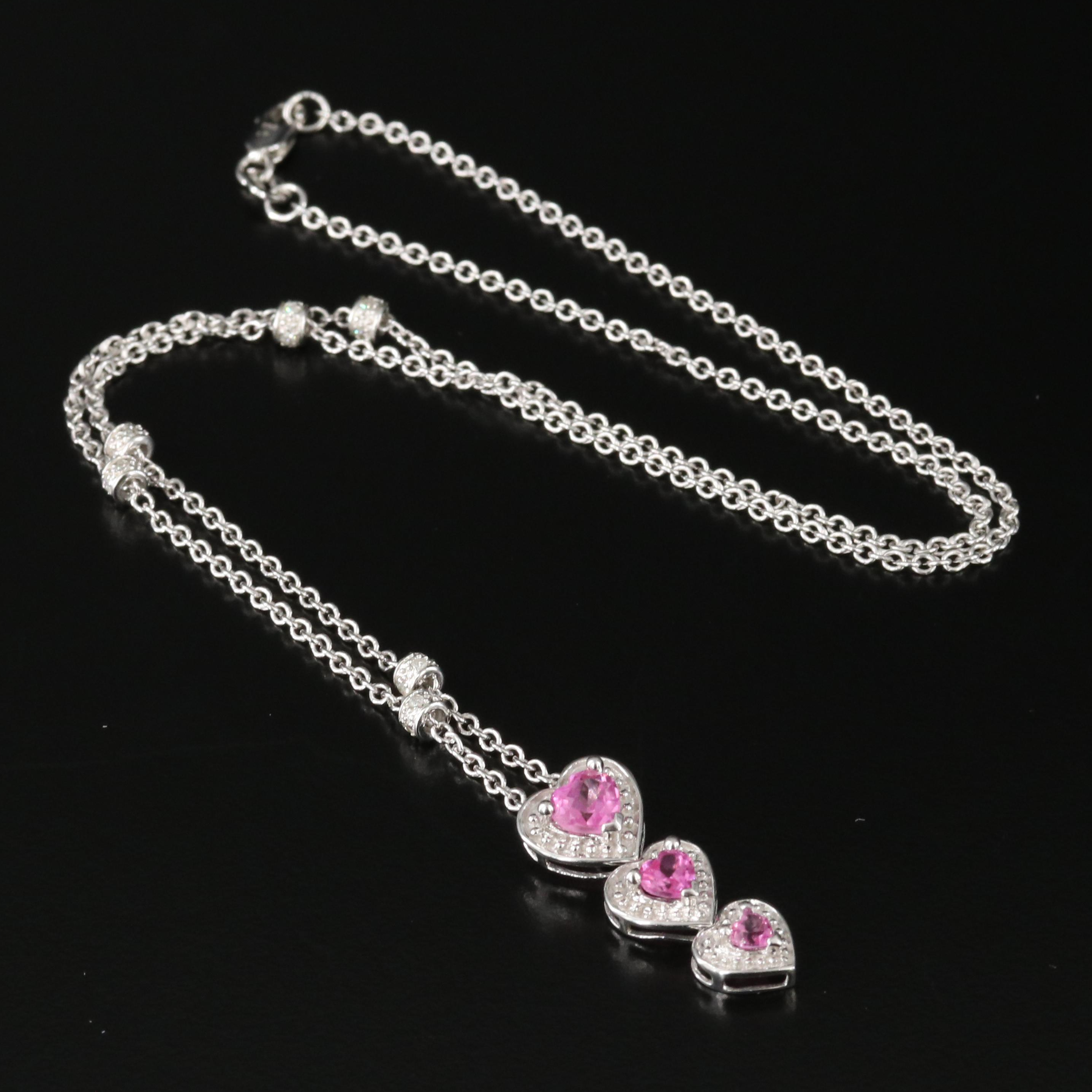 10K Pink Sapphire and Diamond Graduated Heart Pendant on 14K Station Necklace