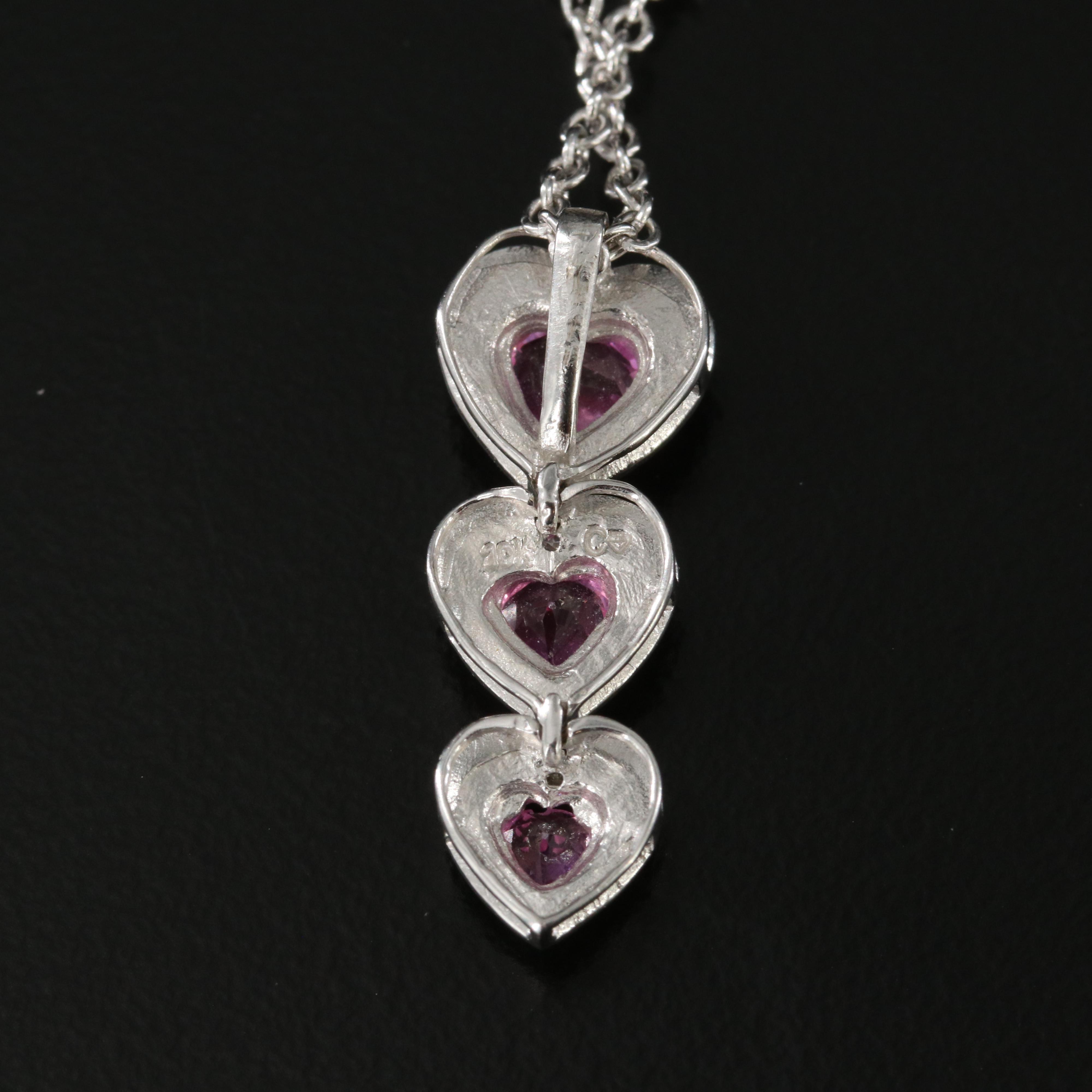 10K Pink Sapphire and Diamond Graduated Heart Pendant on 14K Station Necklace