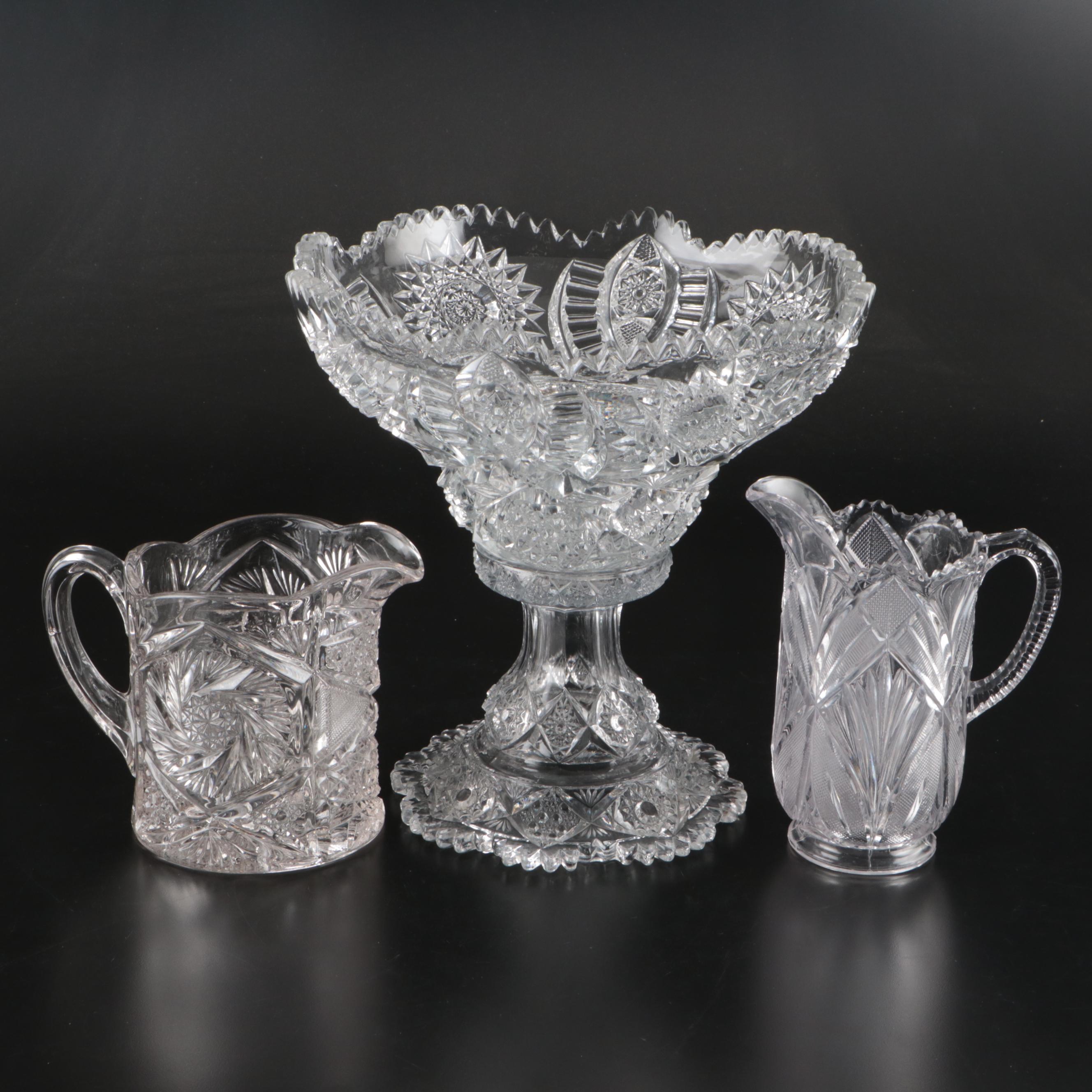 American Brilliant Style Glass Punch Bowl and Pitchers, Late 19th/ Early 20th C.