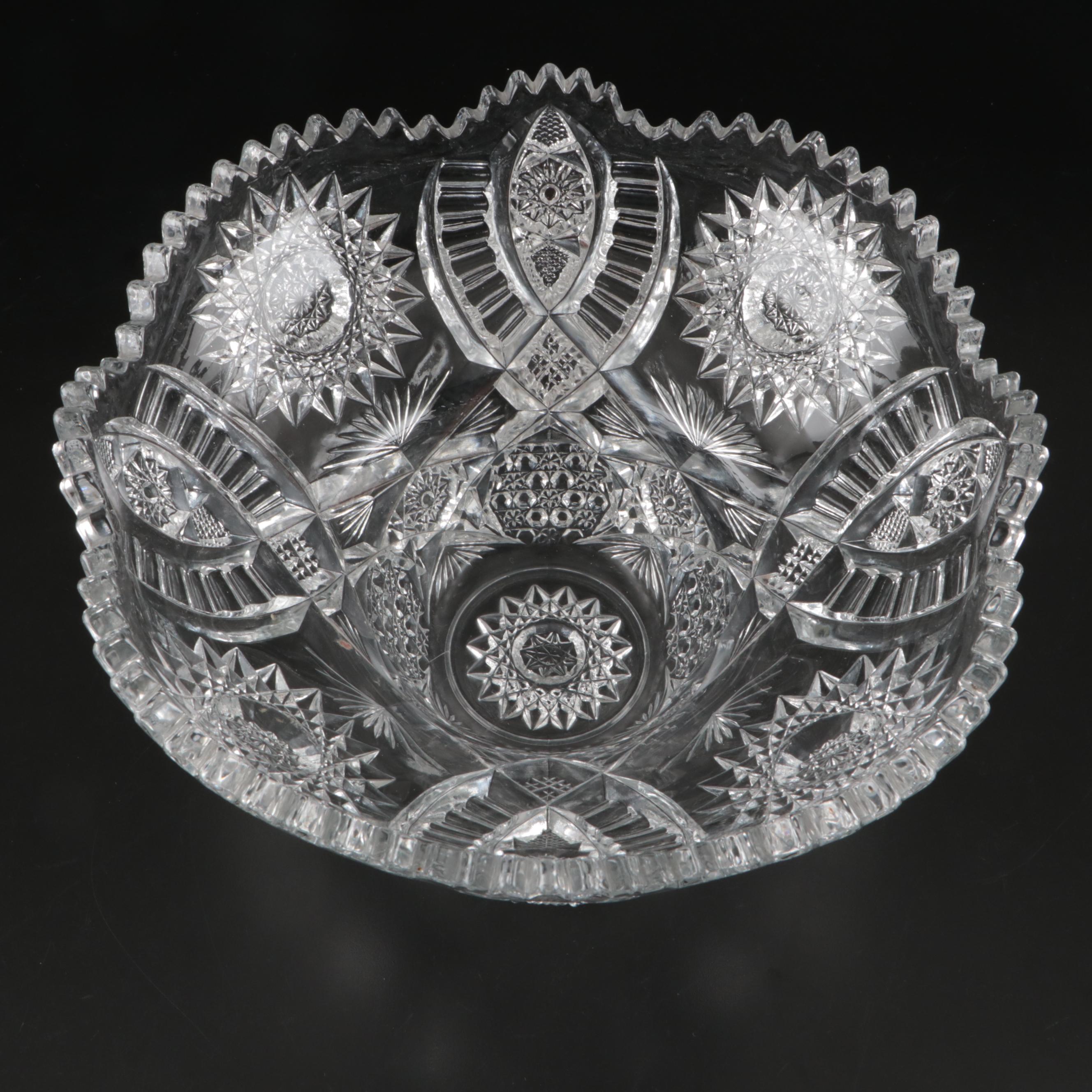 American Brilliant Style Glass Punch Bowl and Pitchers, Late 19th/ Early 20th C.