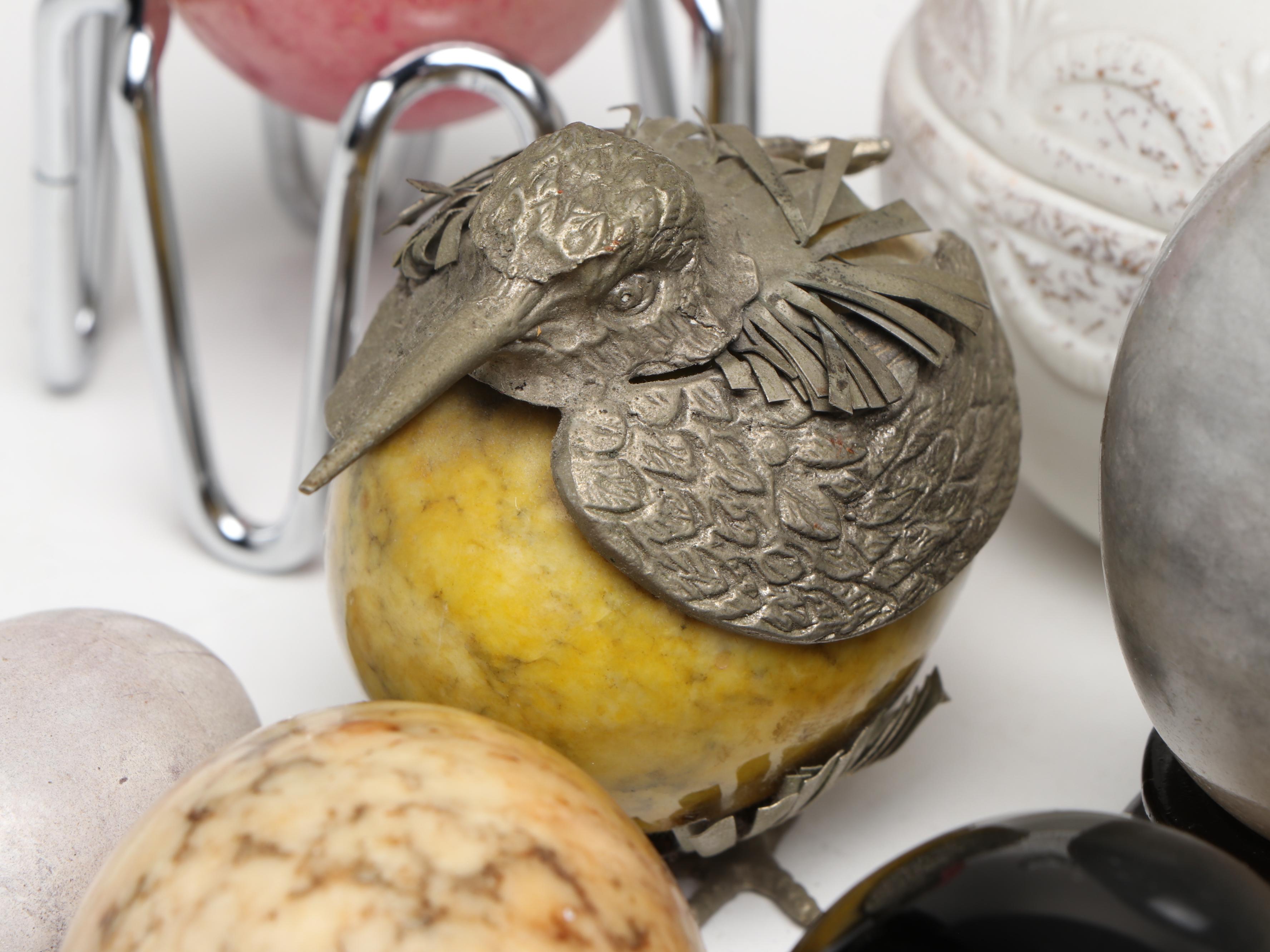 Lefton Egg & Chicken Form Porcelain Box with Assorted Polished Stone Eggs