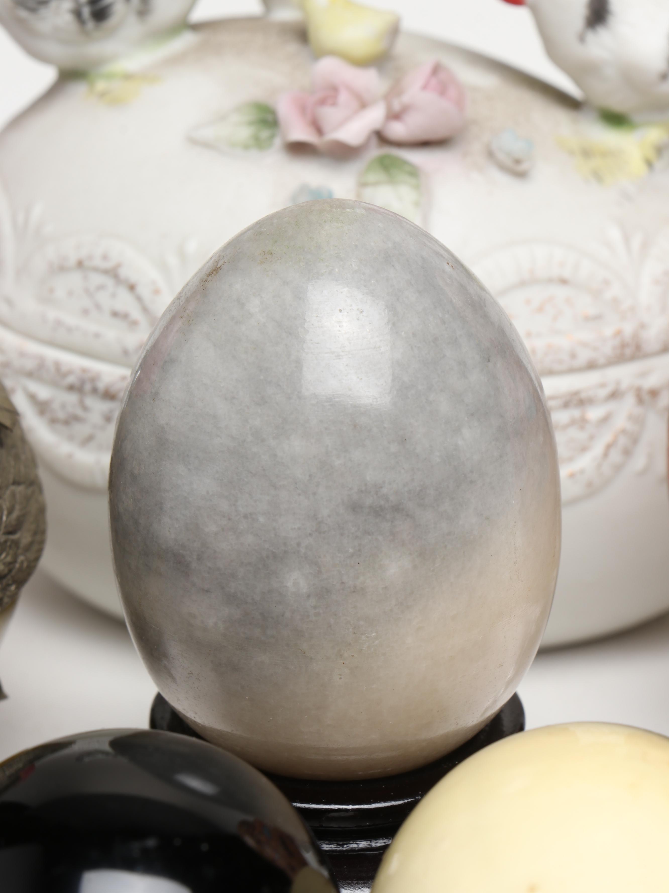 Lefton Egg & Chicken Form Porcelain Box with Assorted Polished Stone Eggs