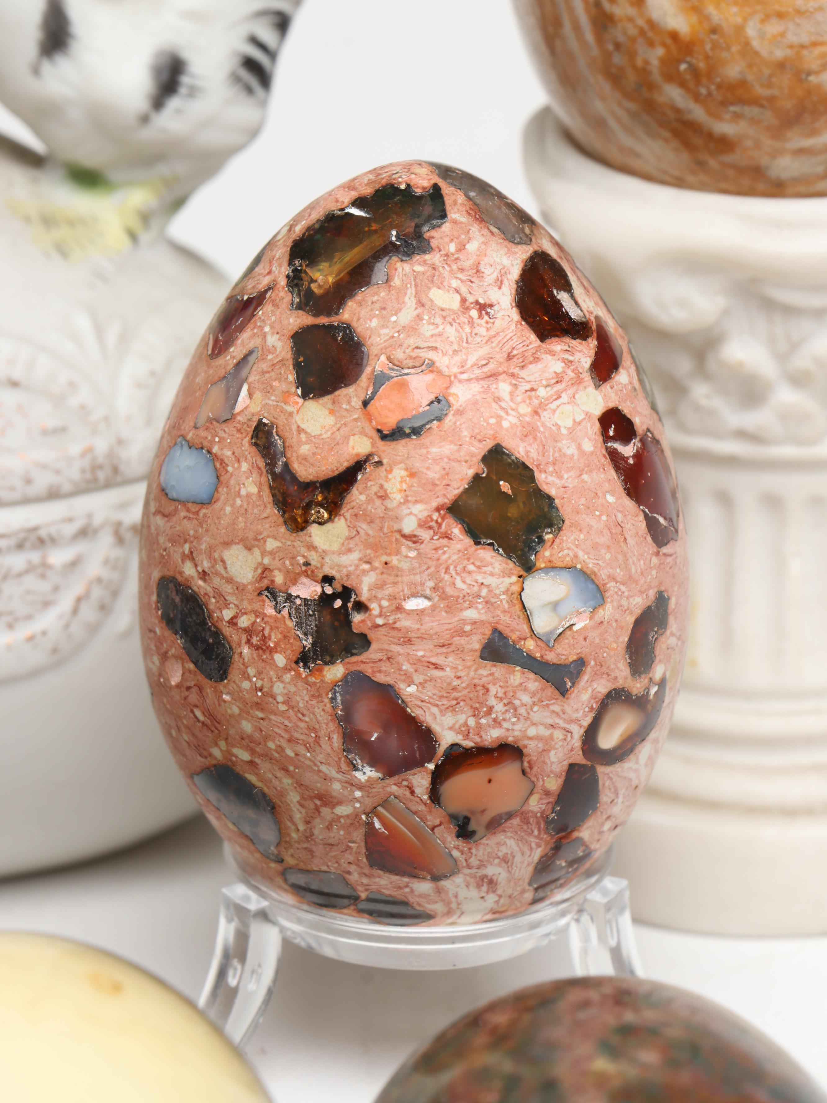Lefton Egg & Chicken Form Porcelain Box with Assorted Polished Stone Eggs