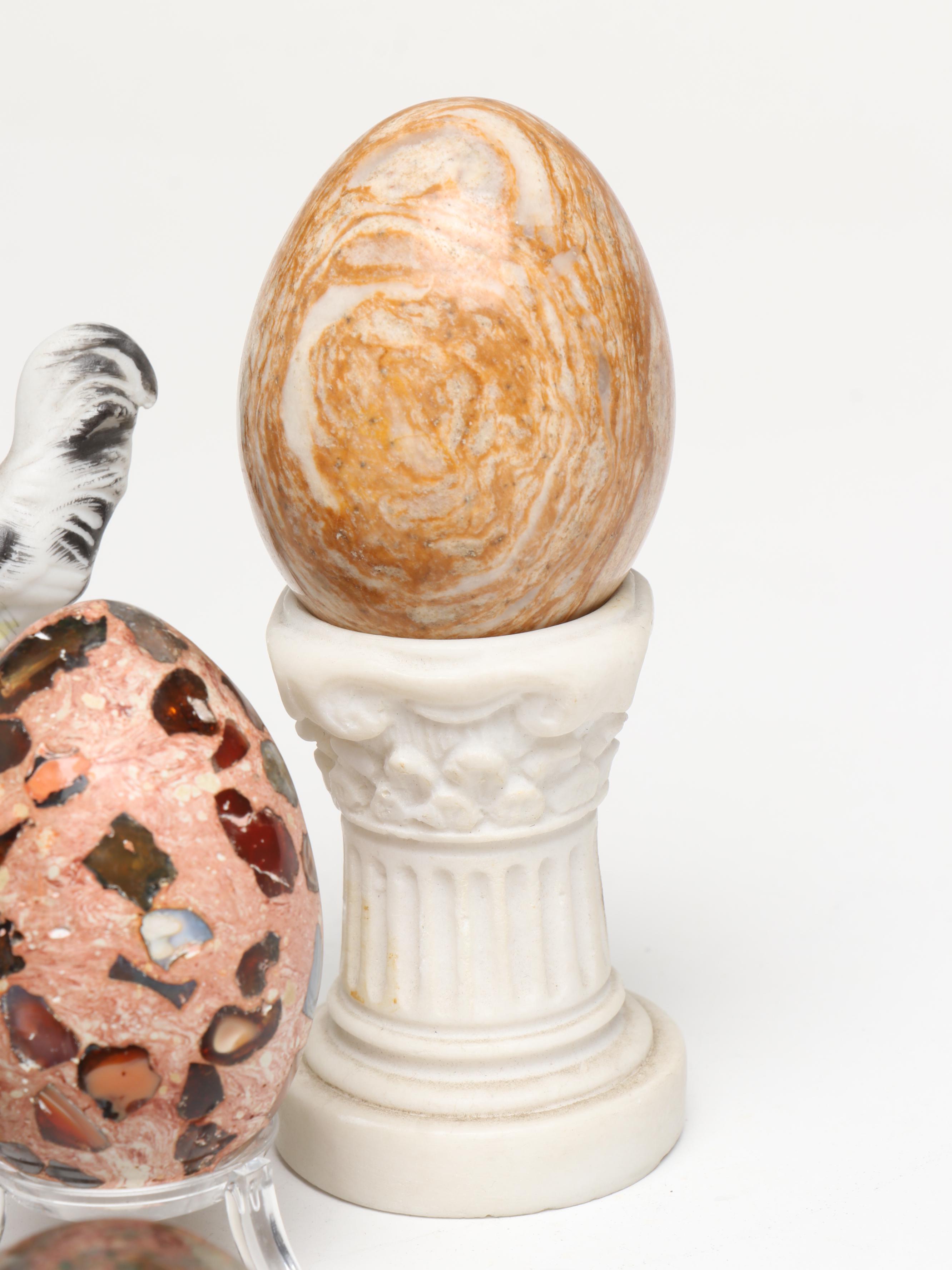 Lefton Egg & Chicken Form Porcelain Box with Assorted Polished Stone Eggs