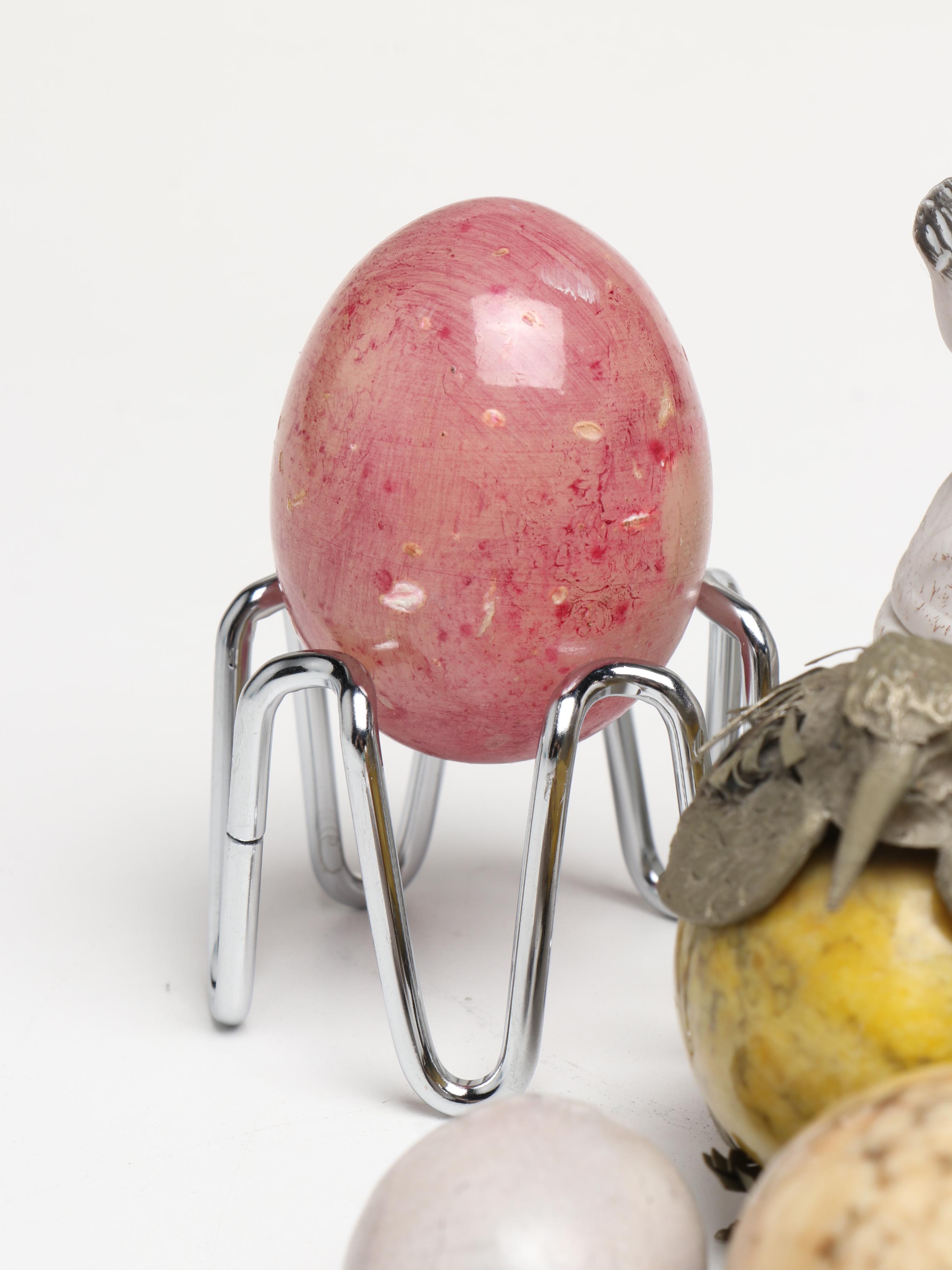 Lefton Egg & Chicken Form Porcelain Box with Assorted Polished Stone Eggs