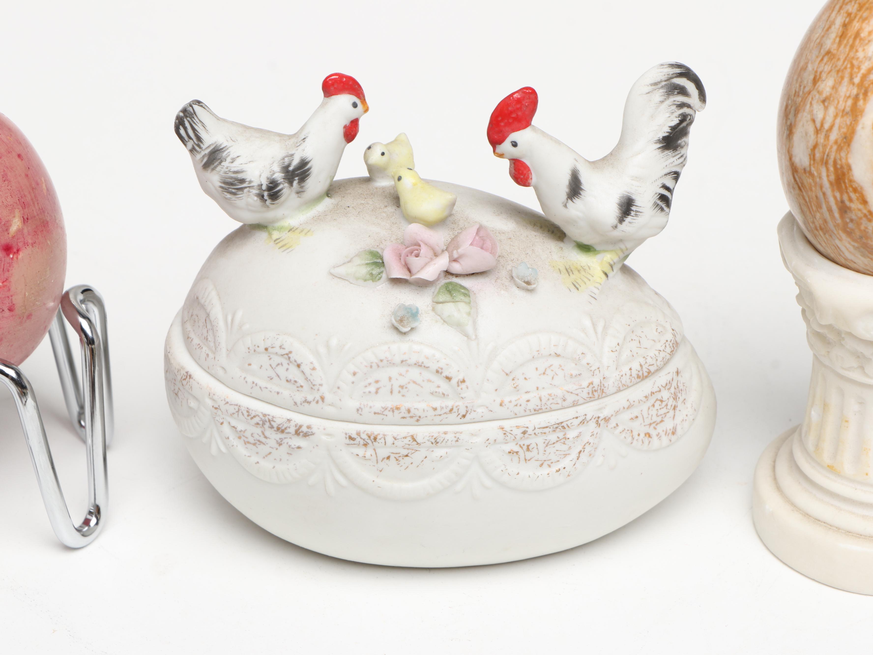 Lefton Egg & Chicken Form Porcelain Box with Assorted Polished Stone Eggs
