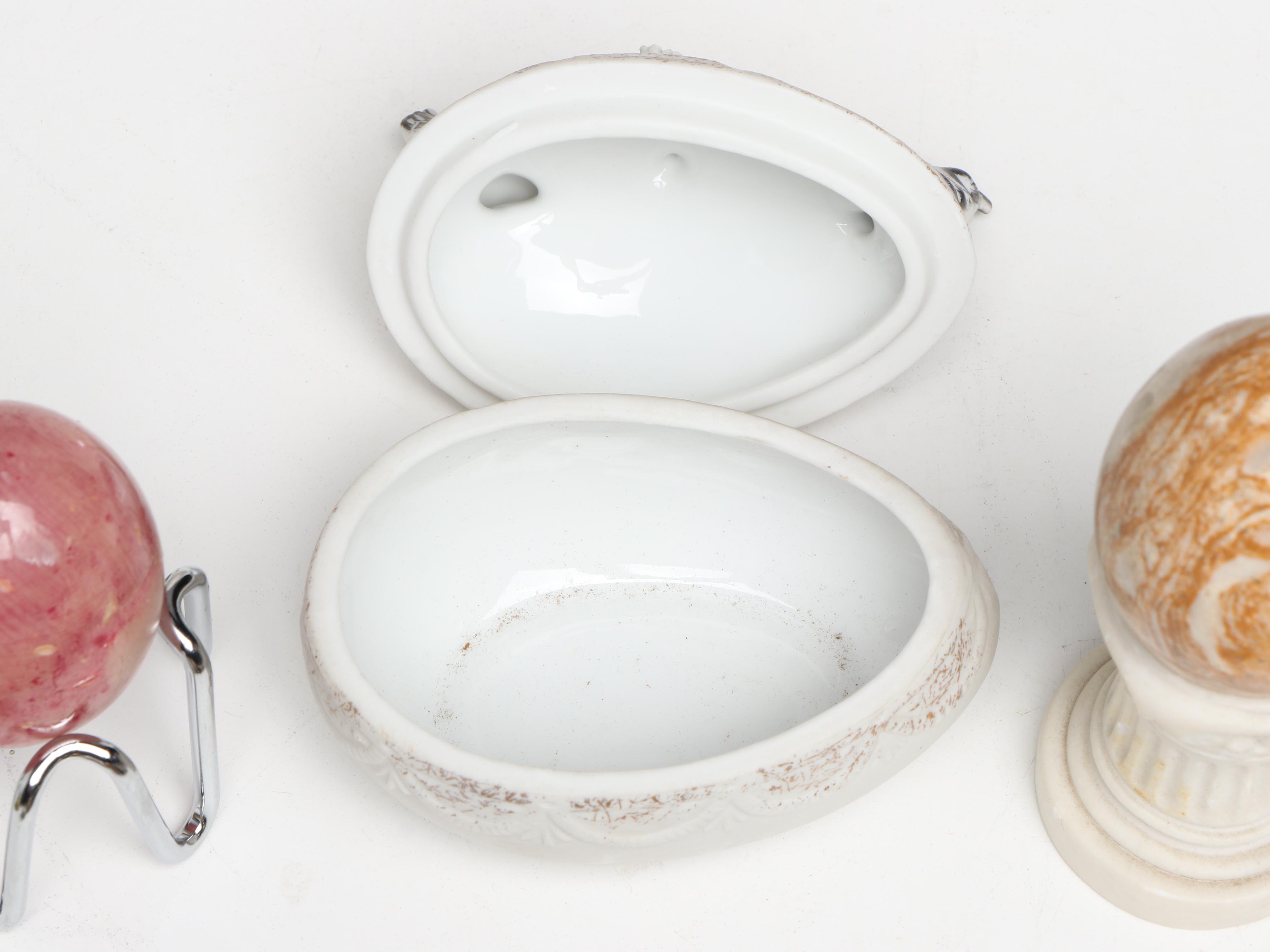 Lefton Egg & Chicken Form Porcelain Box with Assorted Polished Stone Eggs